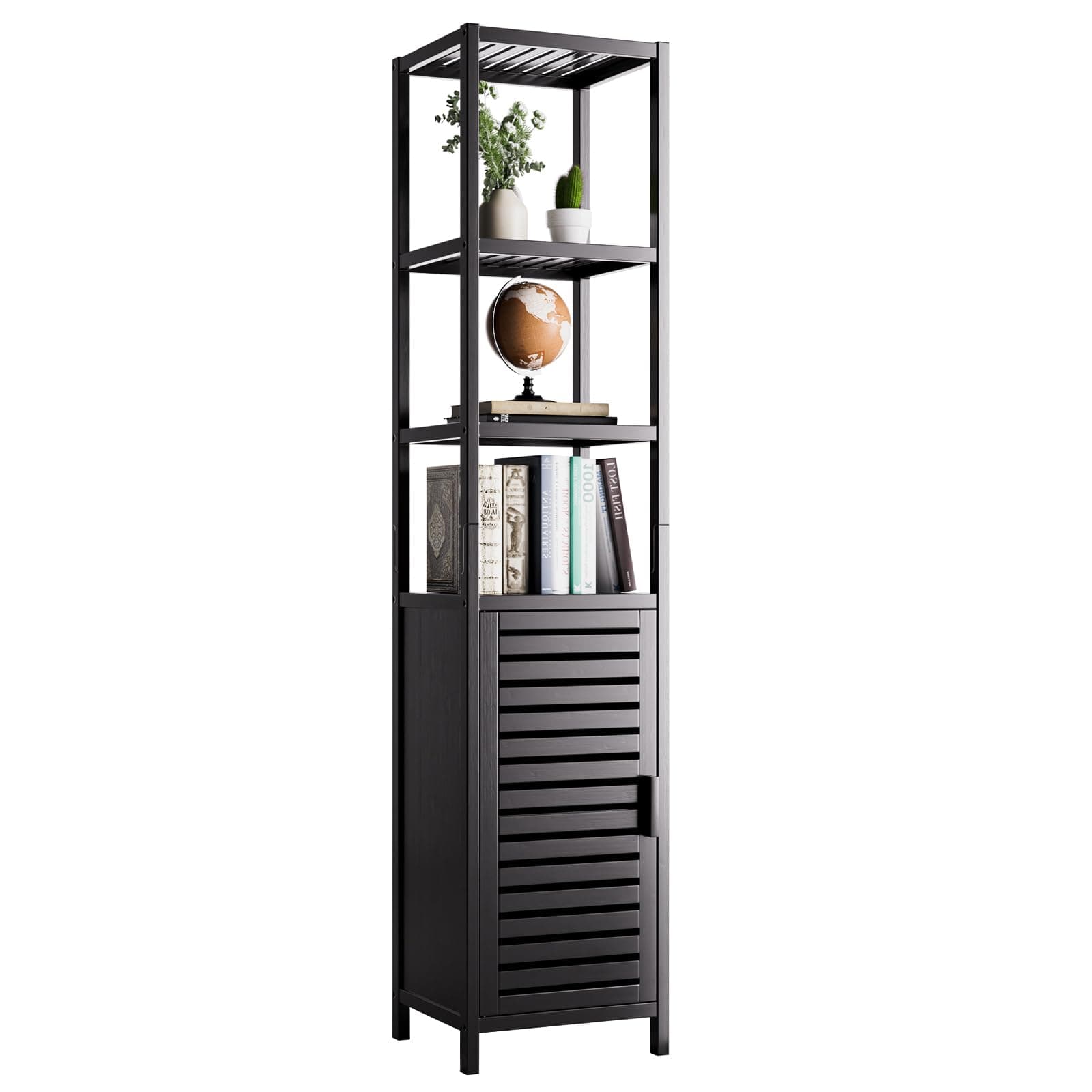 HITNET Tall Bathroom Storage Cabinet, 67 Inch Bamboo Freestanding Linen Tower Corner Shelf with 4 Open Shelves and Shutter Door for Small Space, Black