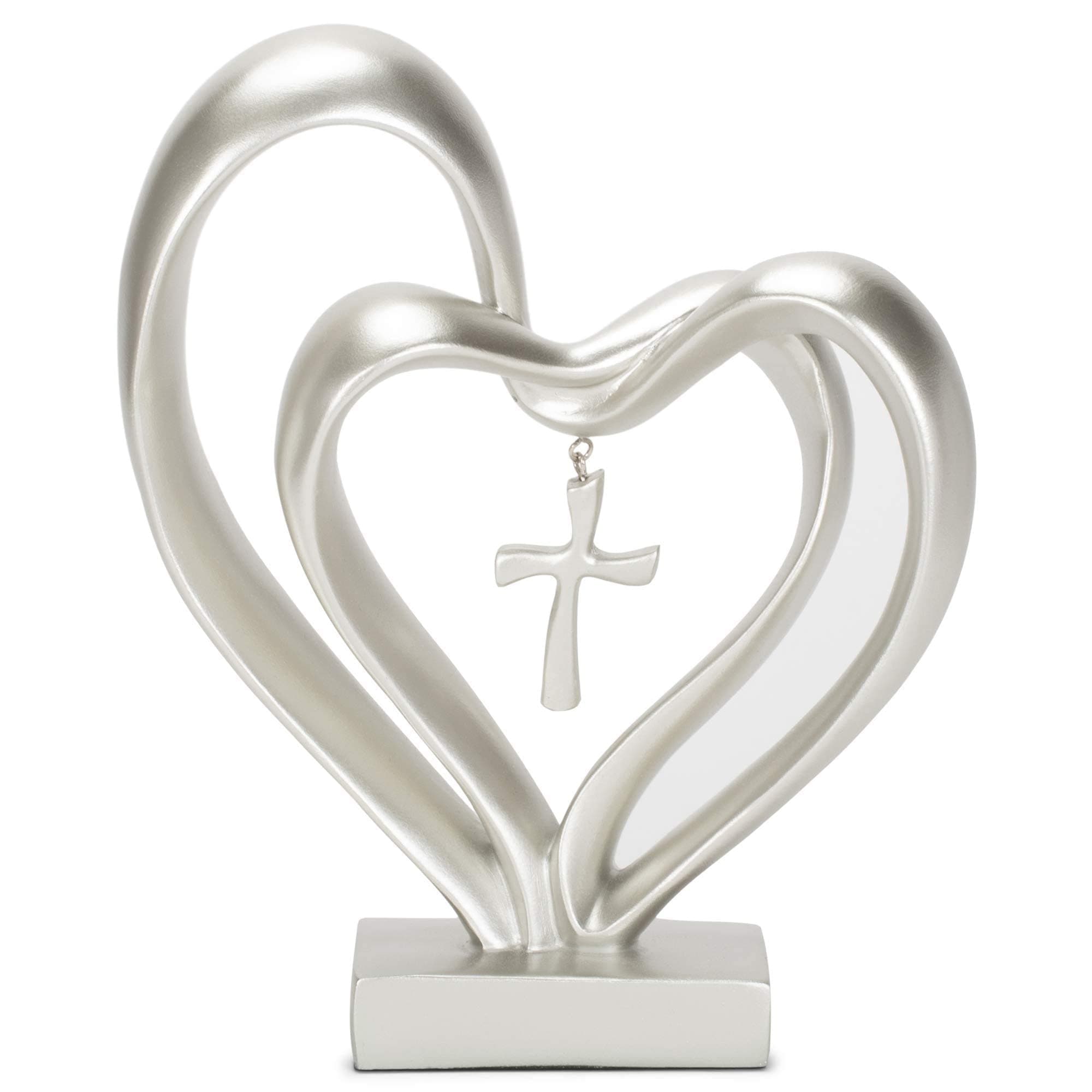 DENUVI Easter Jesus Entwined Hearts Cross， Cross Decor with 2 Joined Hearts, Decorations for Table Christian Standing Cross Home Decor (silver)