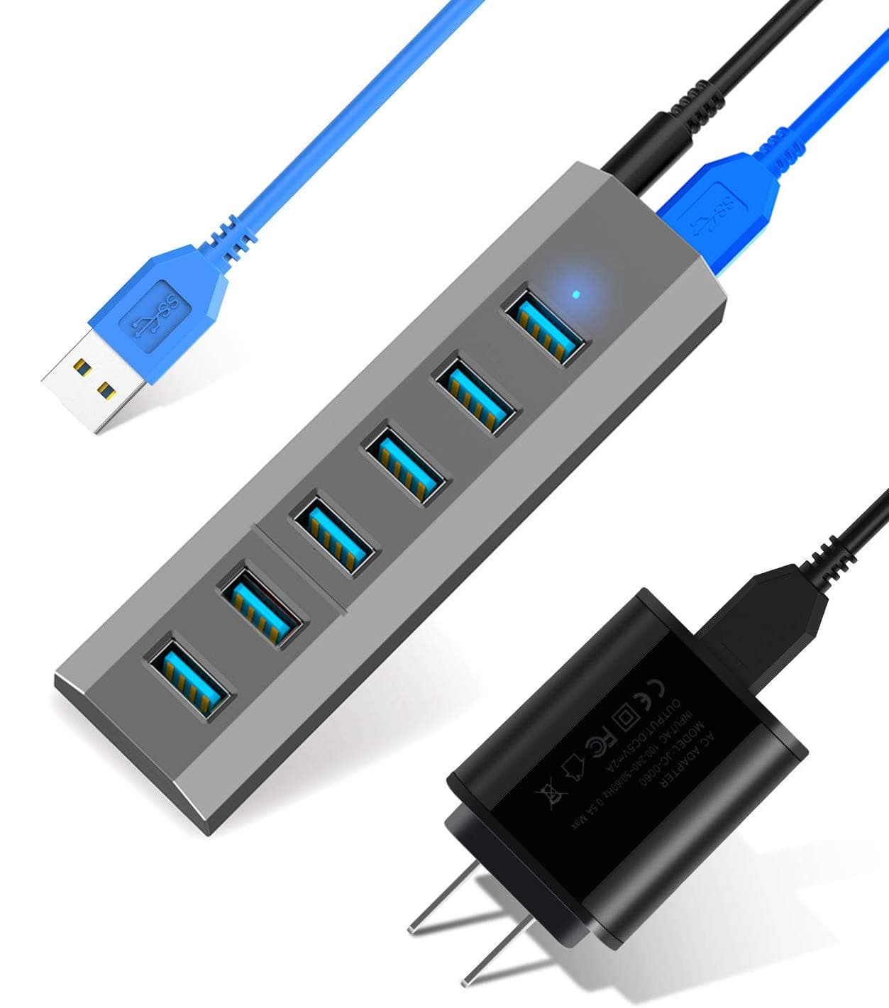 USB Hub, Aiibe 6 Ports Super High Speed USB 3.0 Hub Splitter + 10W Power Adapter + USB 3.0 Cable, Black Smart Fast Charger Powered USB Hub for Laptop, Mac, PC, Mobile HDD, Mulitple Devices