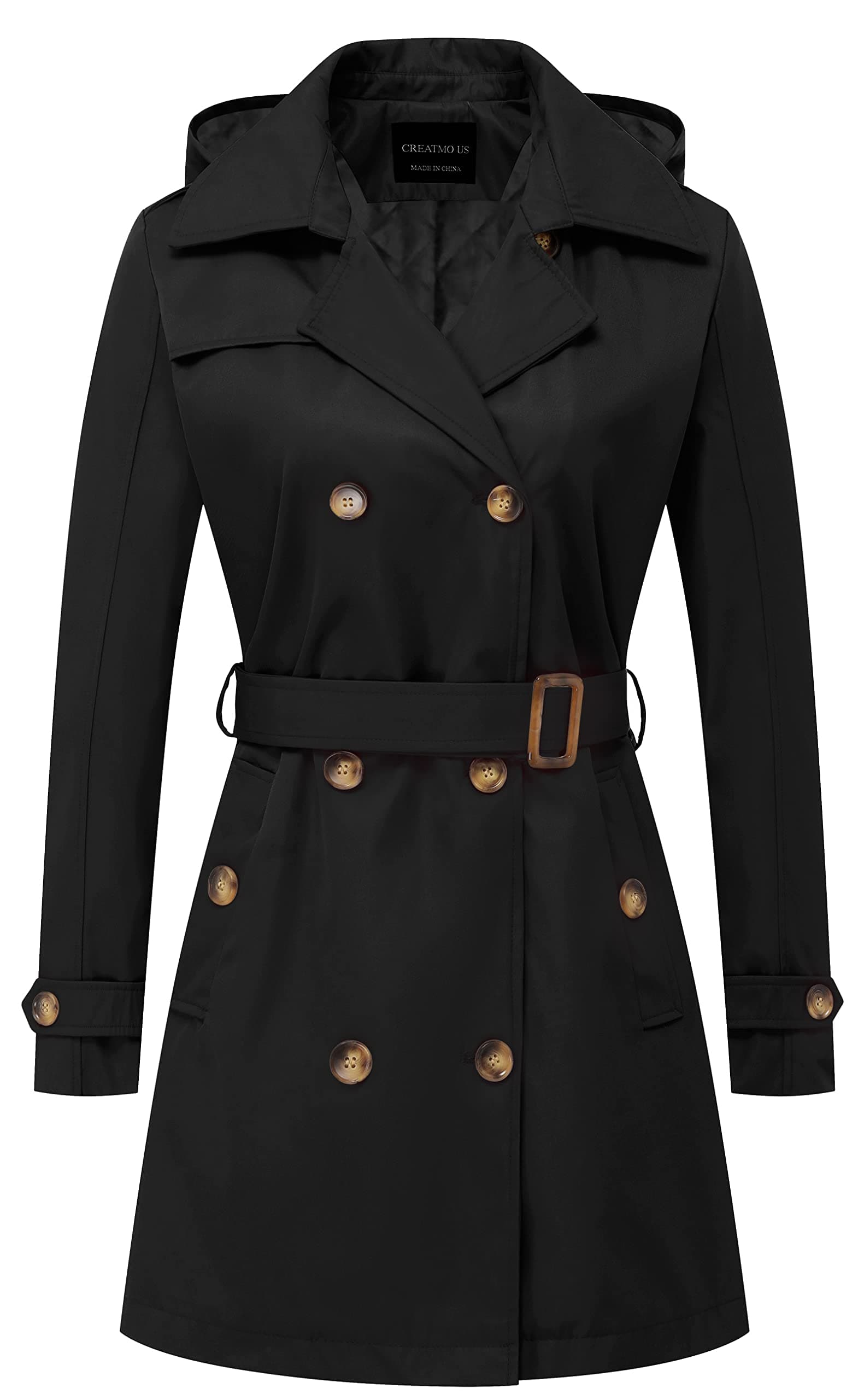CREATMO US Women's Trench Coat Double-Breasted Classic Lapel Overcoat Belted Slim Outerwear Coat with Detachable Hood