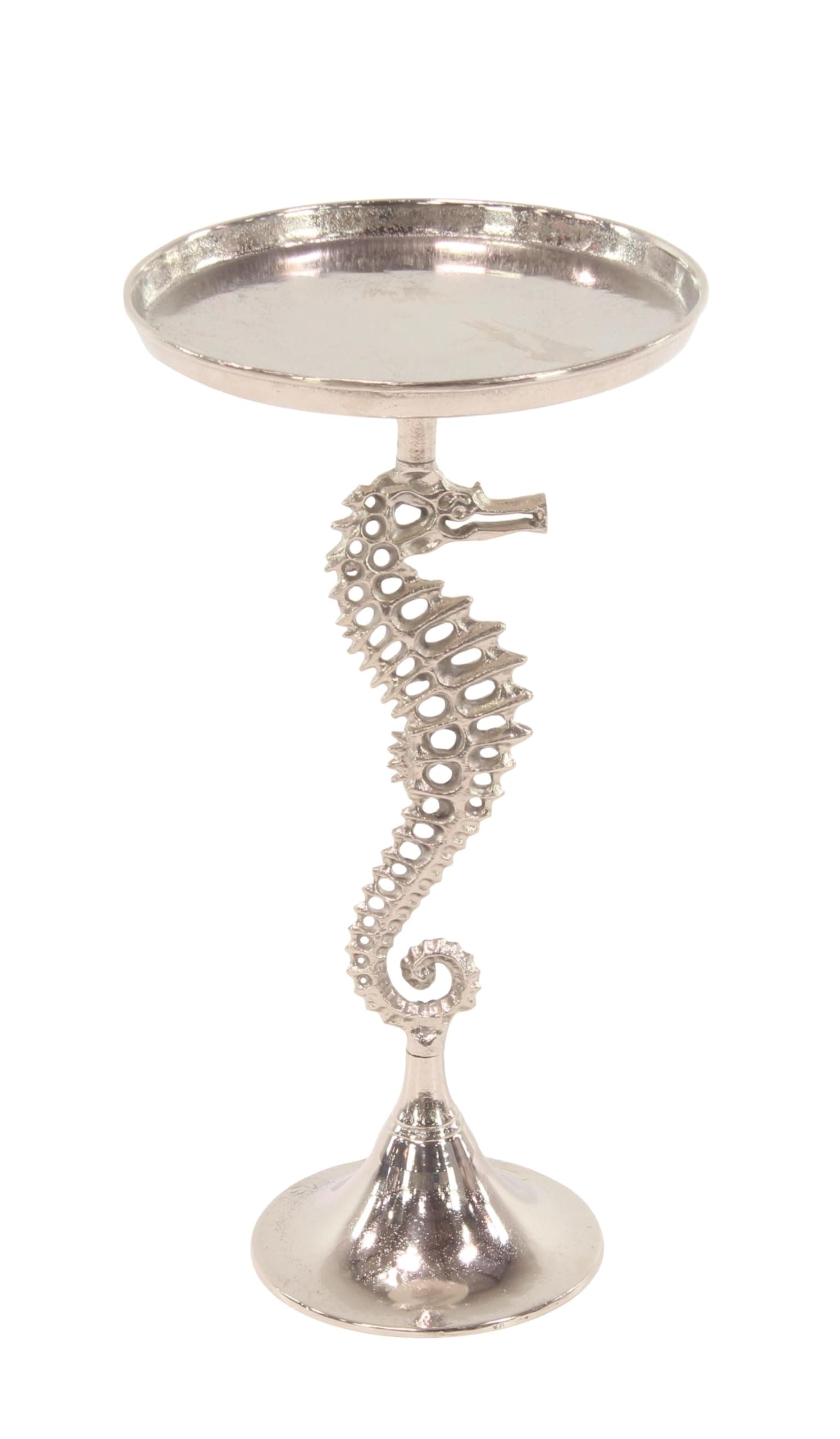 Deco 79 Aluminum Metal Sea Horse Side End Accent Table Pedestal End Table with Tray Top, Side Table 14" x 14" x 27", Silver