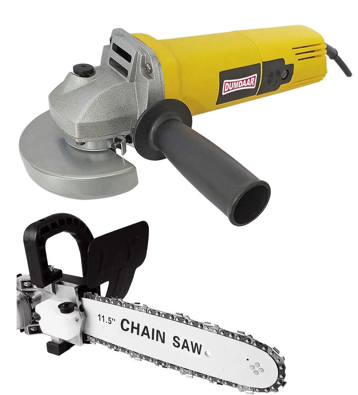 DUMDAAR Multi functional 4inch Yellow Electric Angle grinder machine 950w with 11.5inch Chain saw bracket (Pack of 2) (Grinder + Chainsaw attachment)