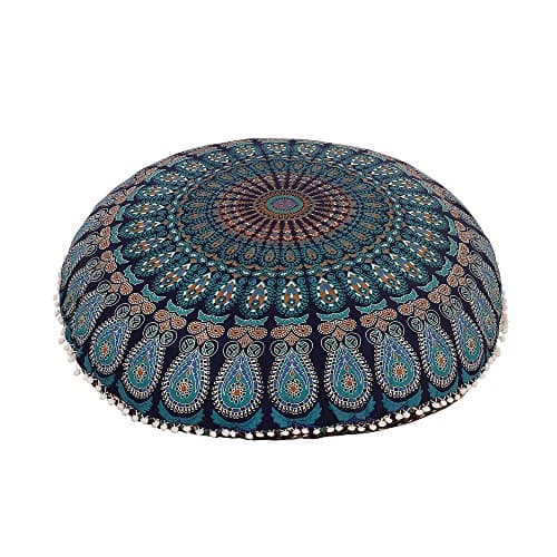 Mandala Floor Pillow Cushion Seating Throw Cover Hippie Decorative Bohemian Ottoman Poufs, Pom Pom Pillow Cases,Boho Indian (32 Inches, White Filler)