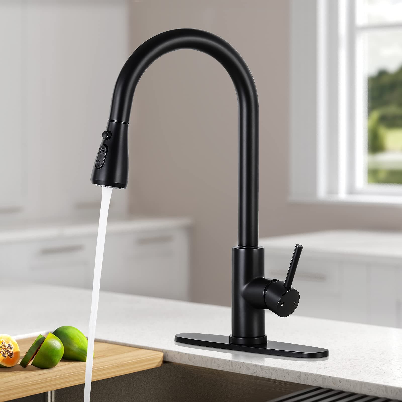 QomolangmaKitchen Faucets with Pull Down Sprayer, Single Handle Kitchen Sink Faucet with Pull Out Sprayer, Stainless Steel, Matte Black