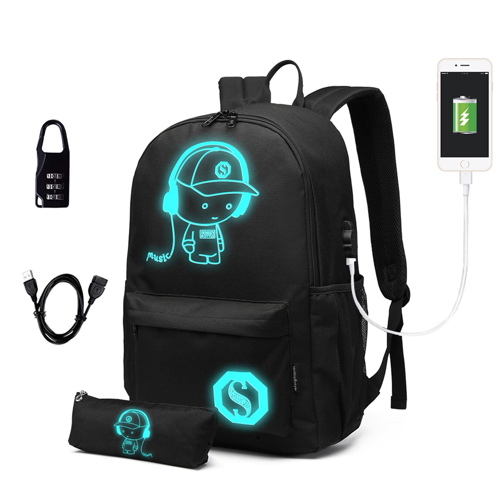 School Bag Anime Luminous School Backpack for Boys Girls Teenagers College Students Travel Rucksack Casual Daypack Glow in The Dark 15.6 inch Laptop Backpack Black