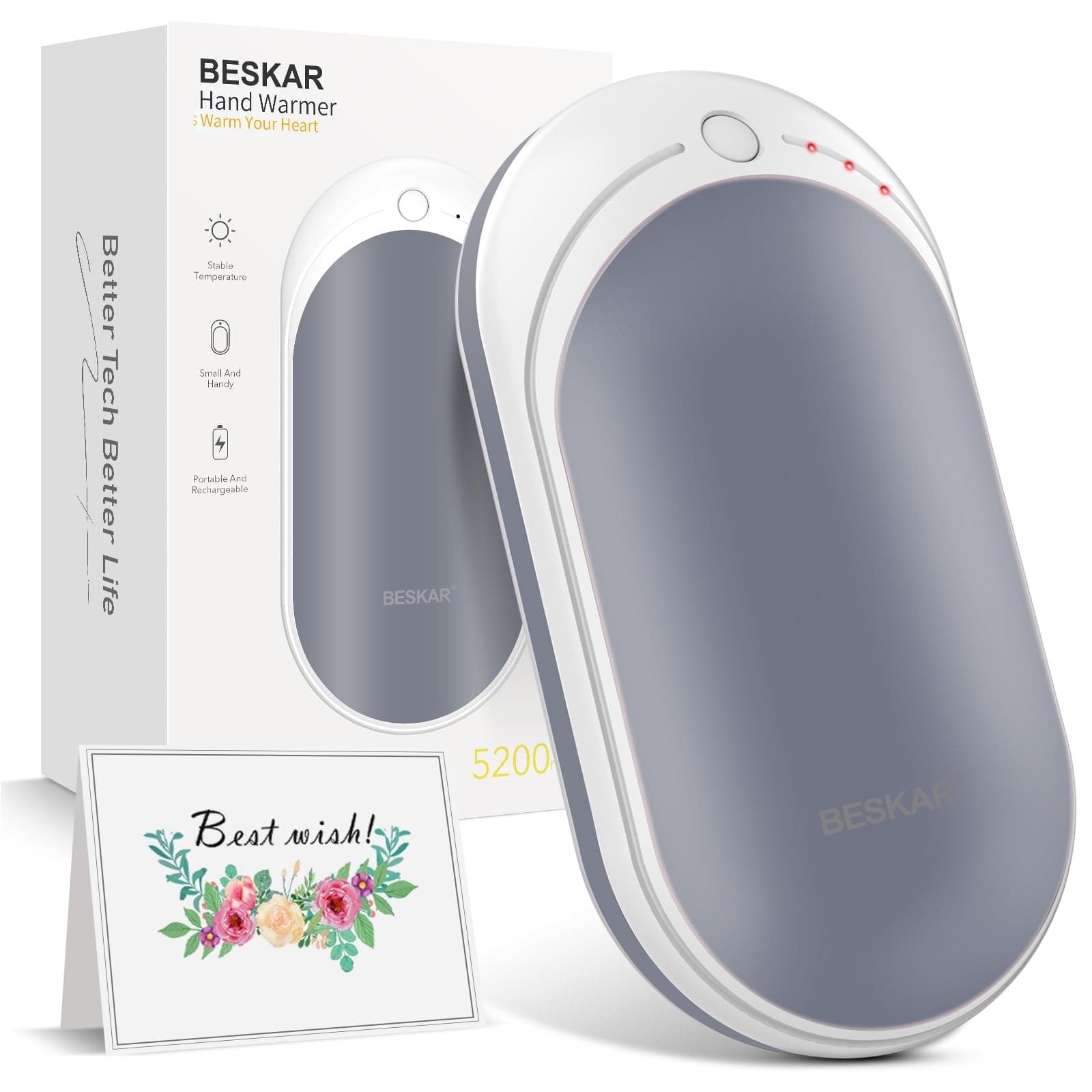 Rechargeable Hand Warmer, 5200mAh Electric Hand Heater, Double-Sided Heating, USB Quick Charge, Portable Pocket Hand Warmer for Outdoor, Golf, Raynauds - Winter Gift