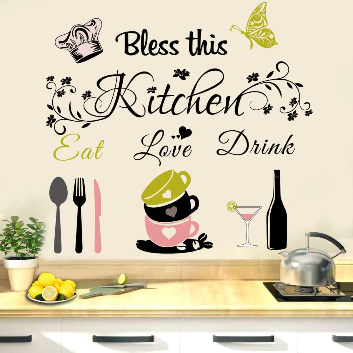 CASADECOR Kitchen Wall Decor Kitchen Wall Stickers Quotes Positive Word Decor Bless This Kitchen Wall Decal Vinyl Stickers, Decoration for Kitchen Dining Room, Baking Room Bar Restaurant Decoration