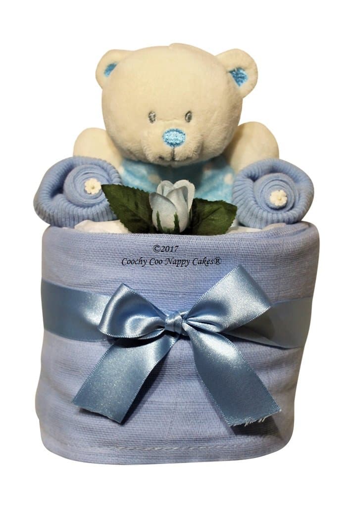Baby Boy Blue Ring Rattle Nappy Cake Gift - FREE Delivery