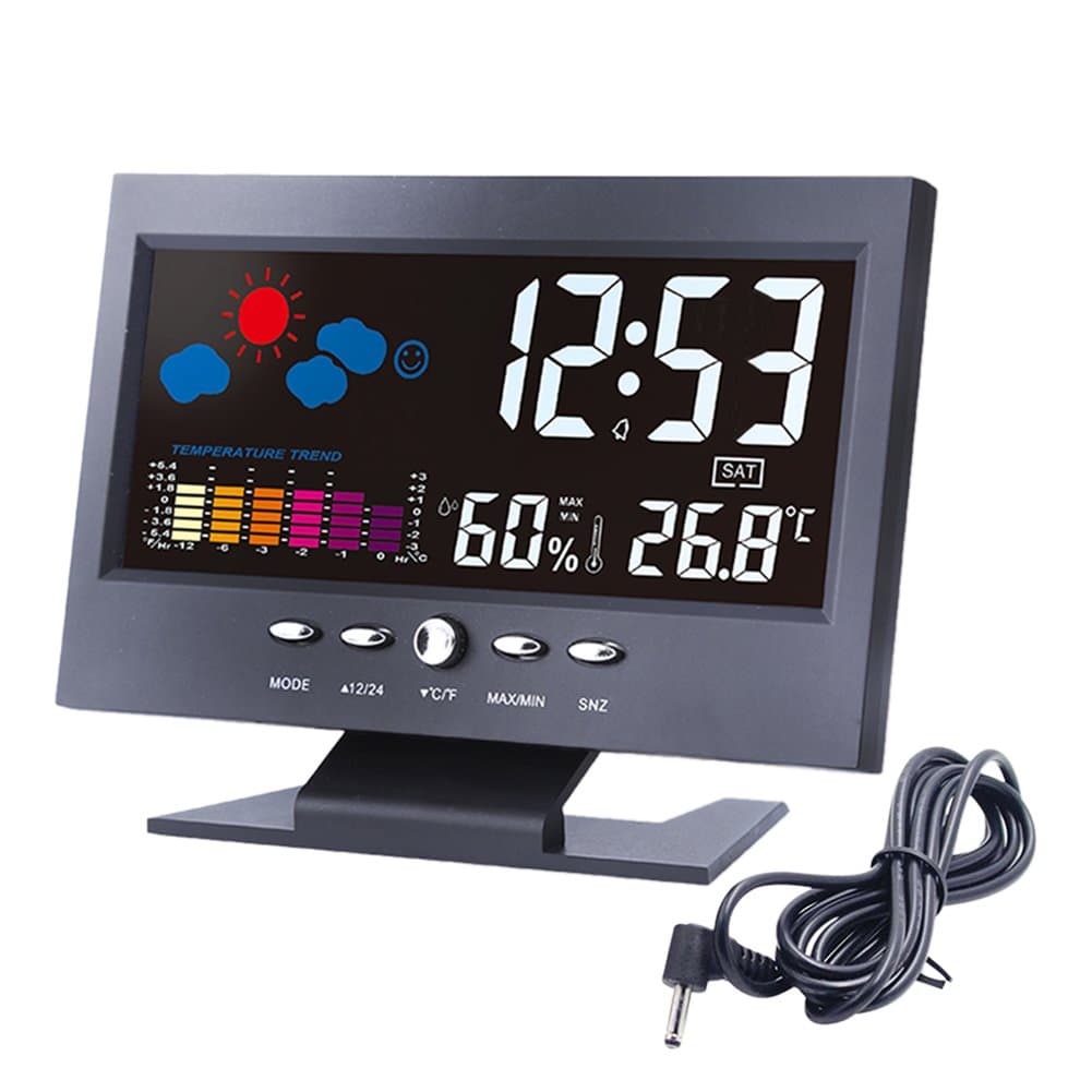 Lomanda Digital Alarm Clock 5.5” Colorful Display Screen with Weather Forecast/Date/Indoor Humidity Temperature/Snooze/Charging Cable(Black)