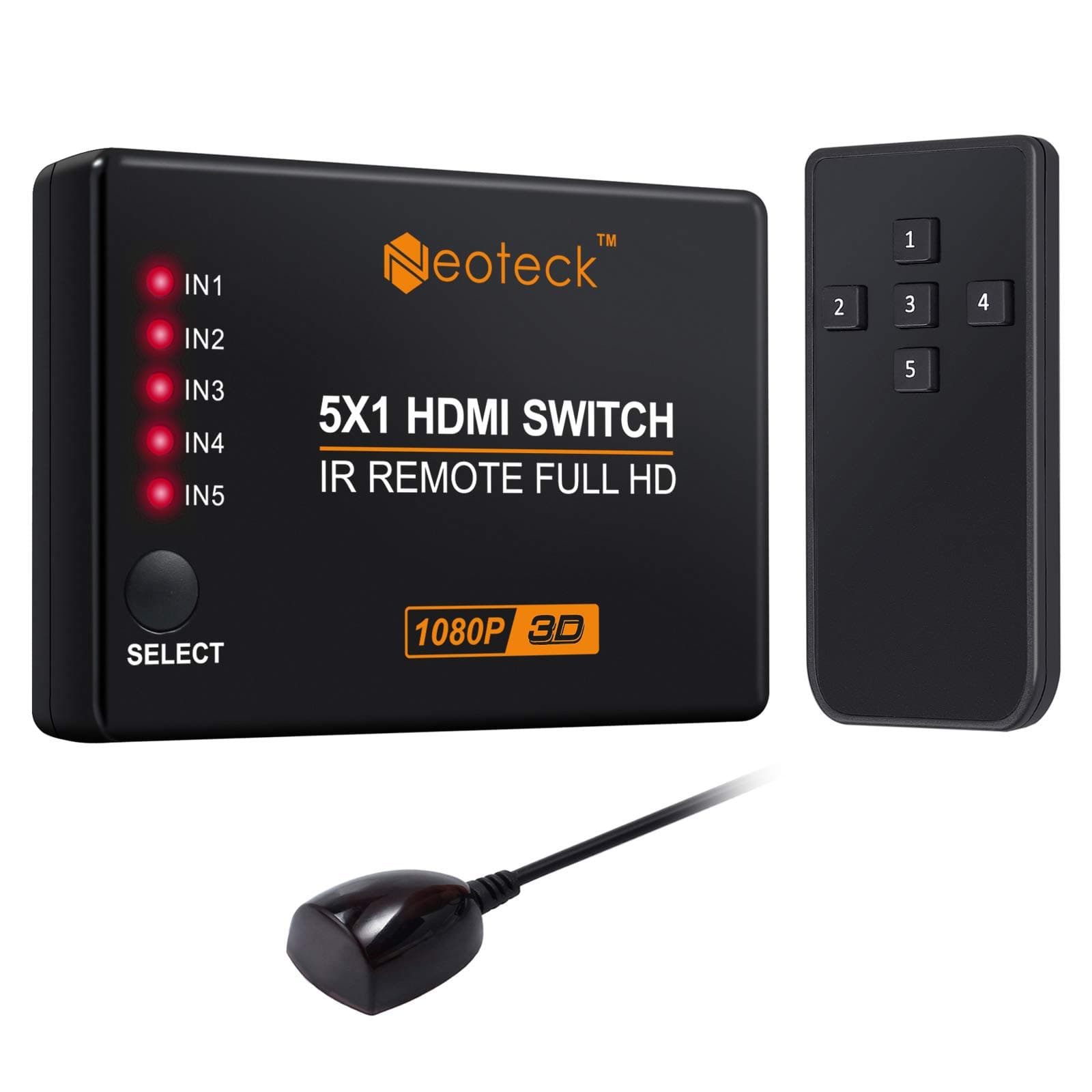 Neoteck NTK035-V HDMI Switcher 5 Ports HDMI Switcher 5 Input 1 Output 1080P 3D HDMI Splitter Box with IR Remote Control
