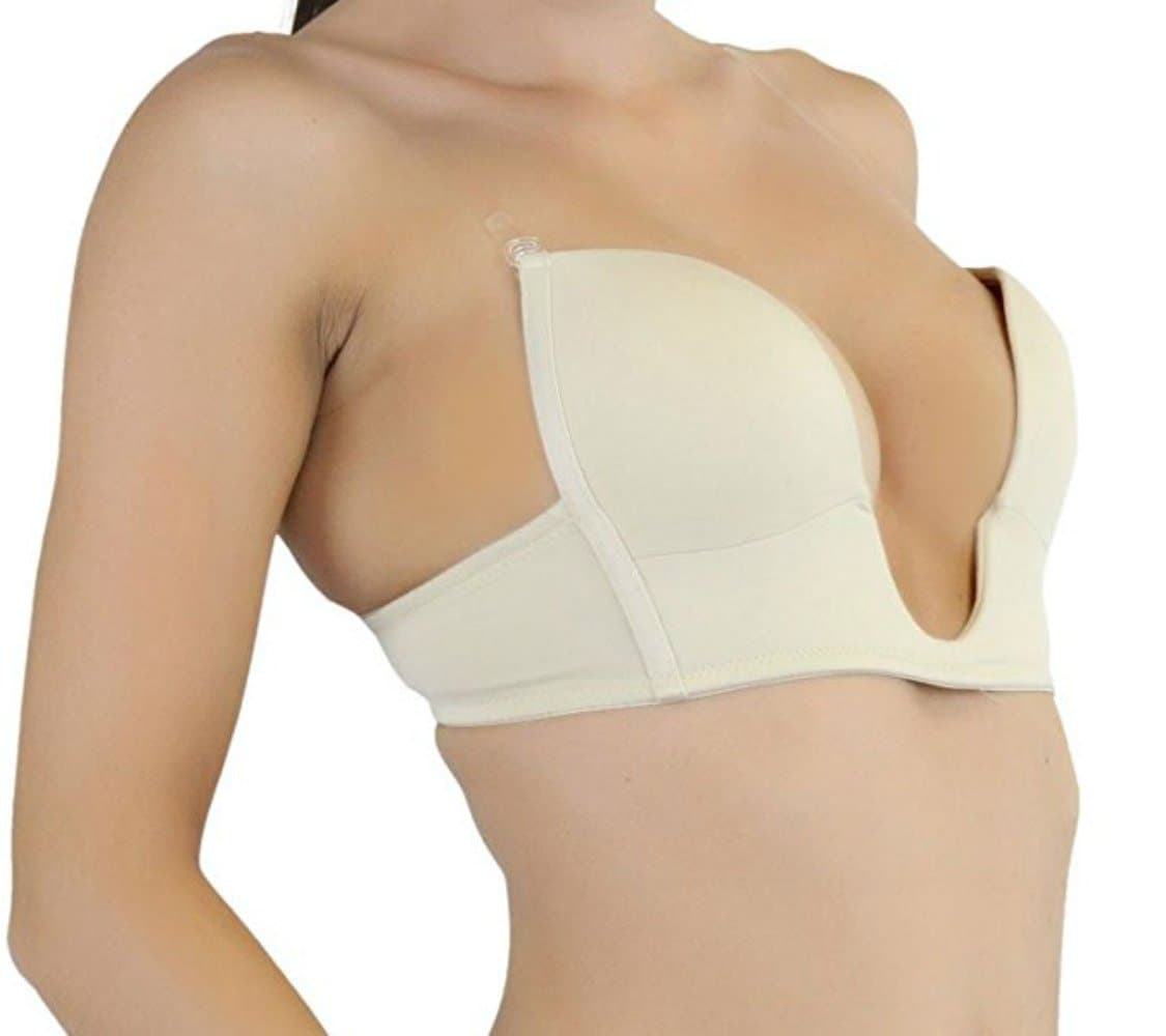 Lingerie Solutions Women's Low V-Plunge Bra U-Shape Adjustable Removable Clear Straps (34C, NUDE)