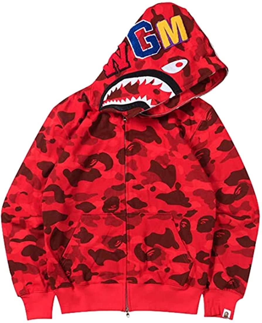Imilan Boys Shark Camo 3D Printed Hoodie Sweatershirt Full Zip Jacket for Teenagers(002 red-2,XX-Large)