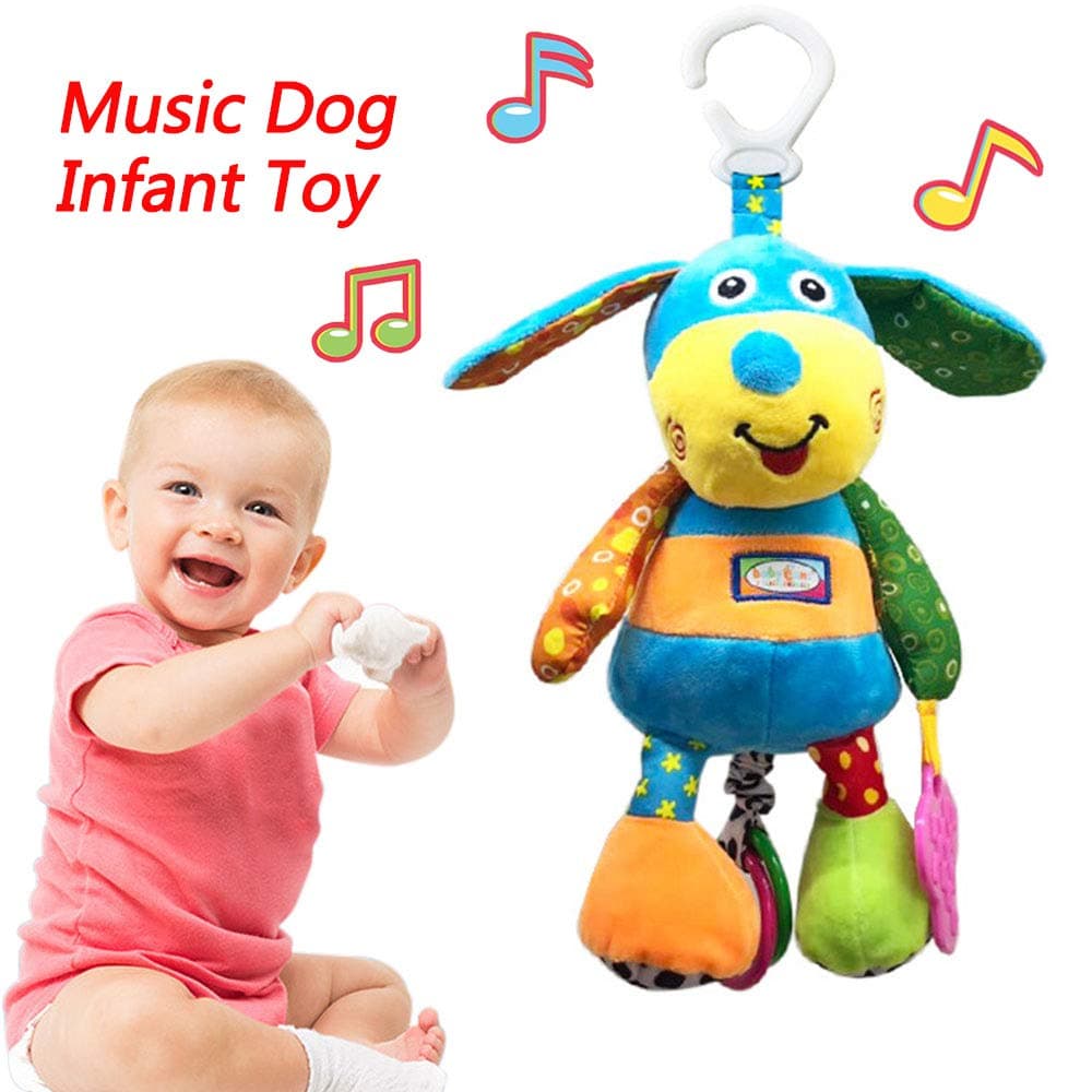Baby Music Toys for 0 3 6 9 12 Months - Infant Newborn Soft Music Hanging Baby Crib Stroller Activity Plush Puppy Toys Squeaky Ear Sensory Teething Developmental Toy for Baby Boys Girls