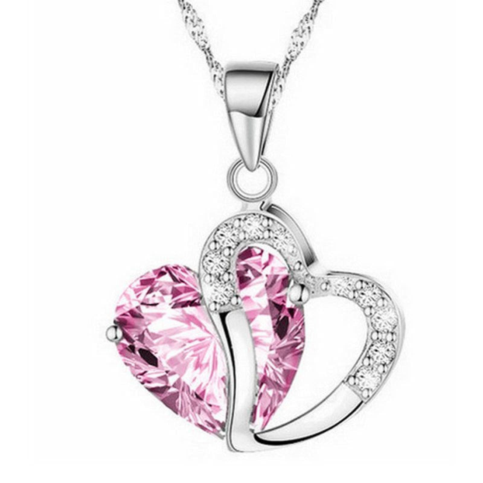 Sterling Silver Amethyst Purple Heart Crystal Pendant Necklace-Pink