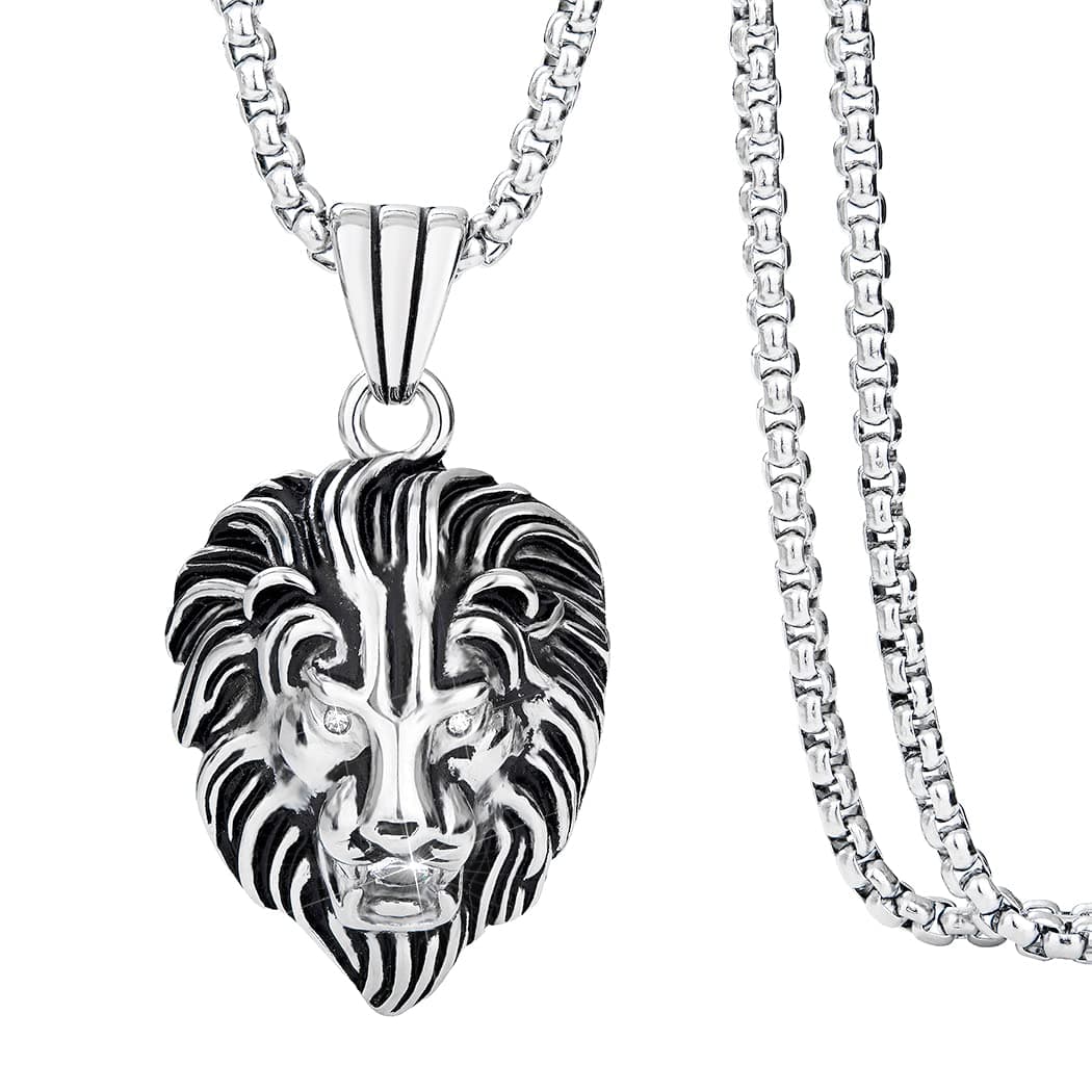 Jewelry Kingdom 1 Mens Necklace Lion Pendant Necklace, Bigger in Size, Silver Plated Stainless Steel, 3PCS Shiny CZ Diamonds, Comes with Rope Chain 24”and in a Gift Box
