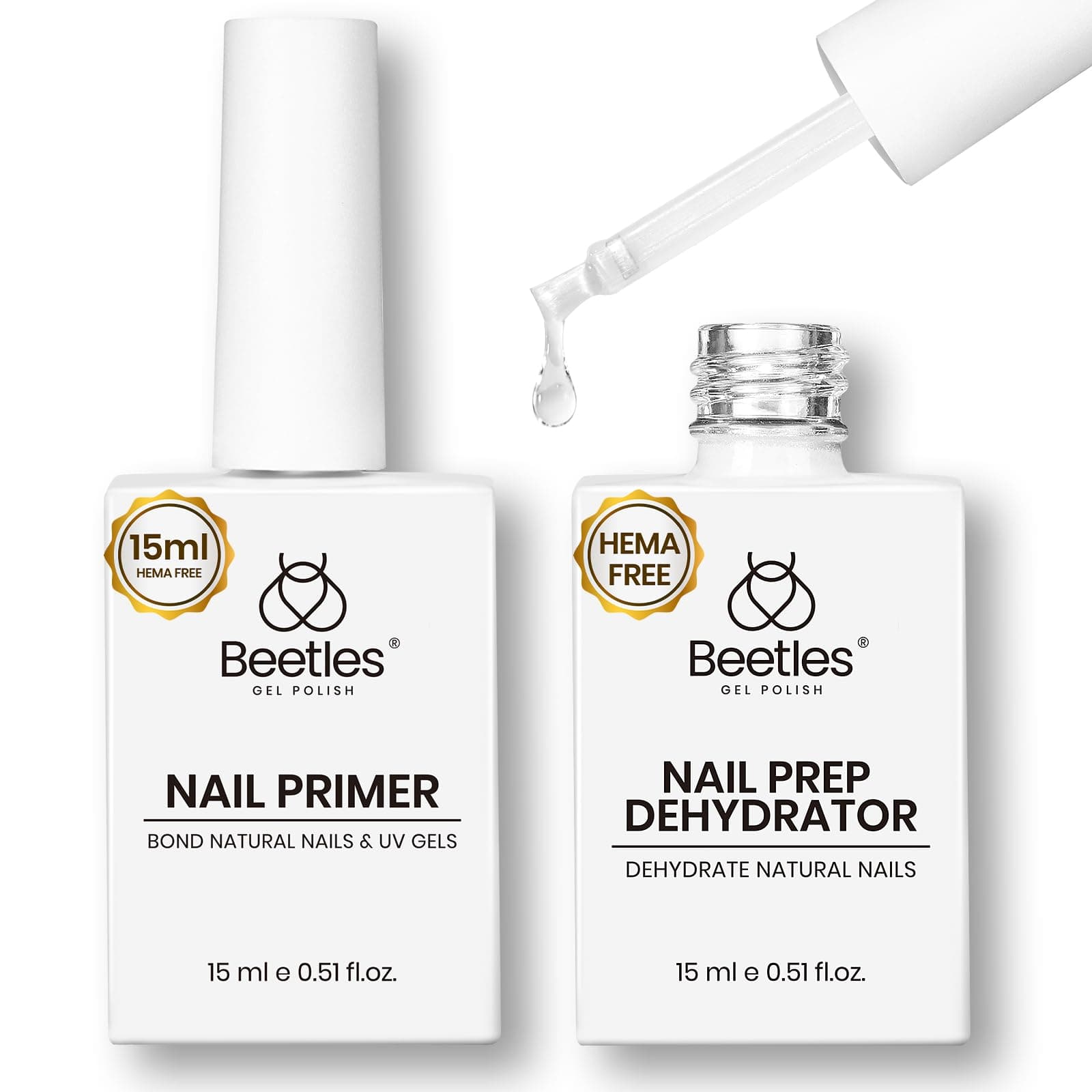 Beetles 15ml Nail Dehydrator and Primer - Acid Free & Hema-Free Natural Prep Dehydrate and Bond Primer for Acrylic Fast Dry Nail Supplies Professional Salons Set