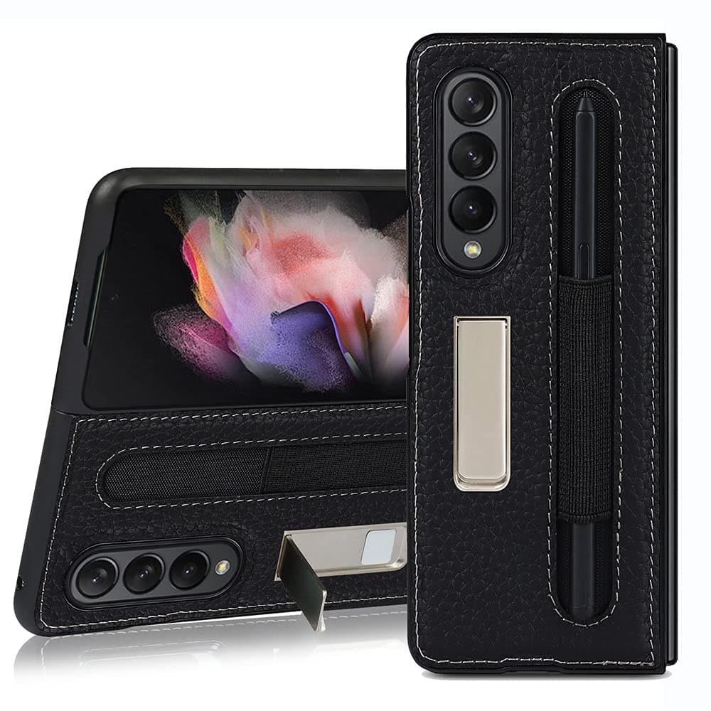 for Samsung Galaxy Z Fold 3 Case Luxury Leather with S-Pen Pocket, Z Fold 3 Case with S Pen Holder Built-in Magnetic Kickstand Shockproof Cover for Samsung Galaxy Z Fold 3 5G (Black)