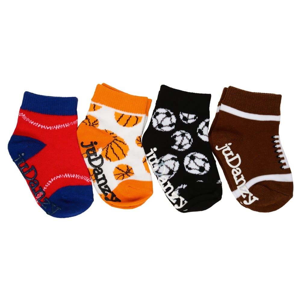 juDanzy baby boy sporty 4-Pack socks in soccer, football, basketball & baseball (0-6 Months)