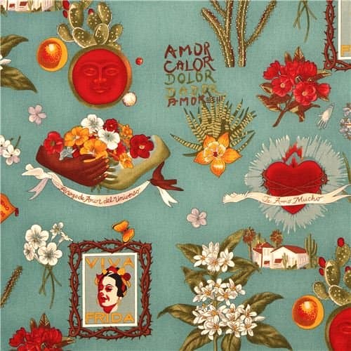 Turquoise Blue Viva Frida Fabric by Alexander Henry Mexico Flower Heart (per 0.5 Yard Multiples)