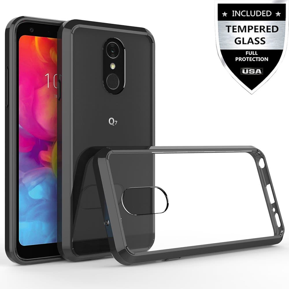 LG Q7 Case, LG Q7 Plus Case with Tempered Glass Screen Protector,IDEA LINE Hybrid Bumper Premium Slim Fit Transparent for LG Q7+ - Black