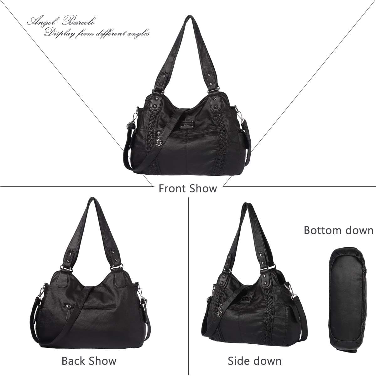 Angel Barcelo Hobo Fashion Handbags Women Spacious Shoulder Bags Washed Leather Shoulder Bag