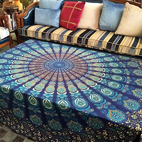 NALEDI Square Mandala Tapestry Bohemian Tapestry Beach Blanket, Psychedelic Wall Art, Dorm Décor Beach Throw, Indian Wall Tapestries Art，Wall Hanging, Yoga Mat, Picnic Mat, Table Throw (Blue)
