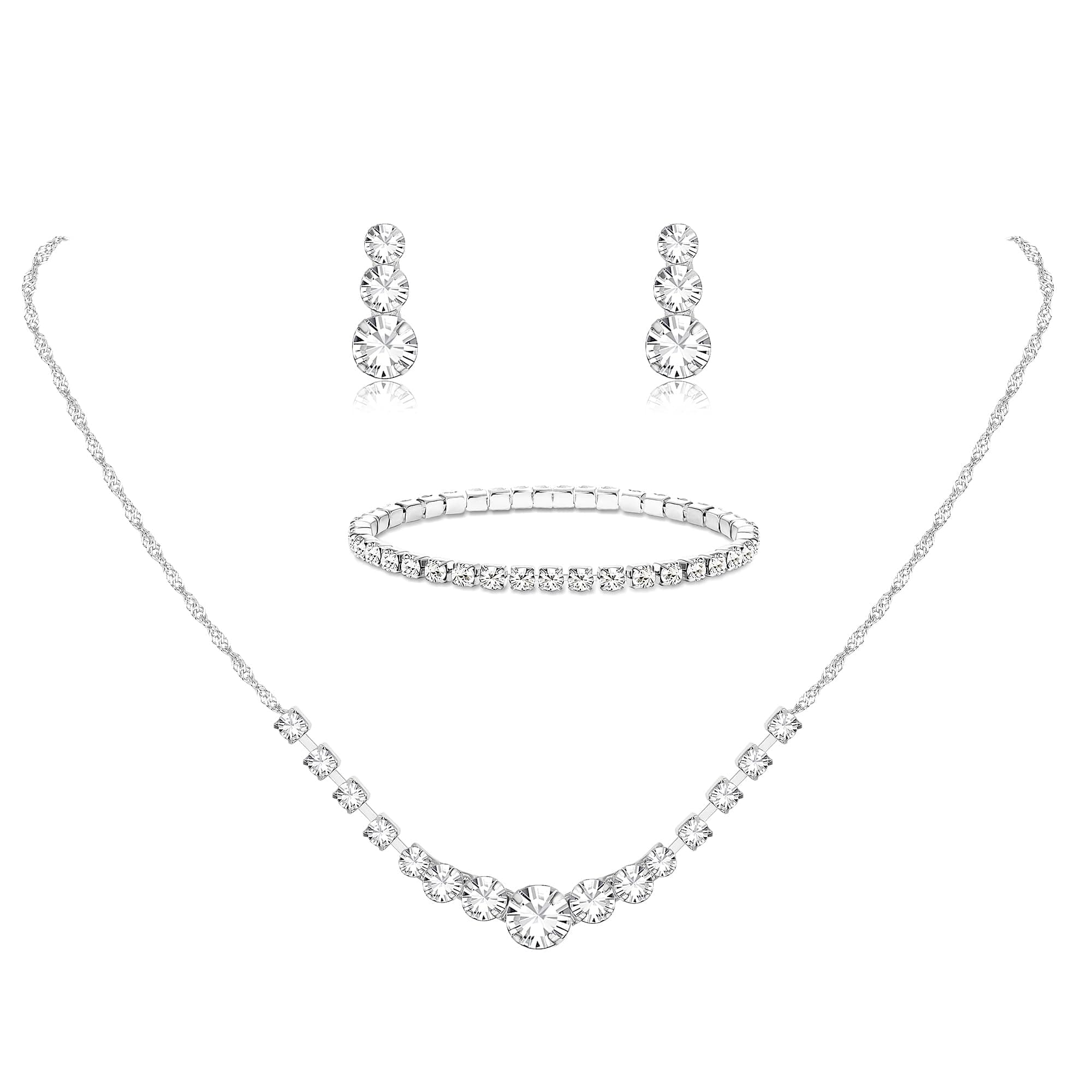 Silver Plated Jewelry Set for Women Rhinestone Crystal Necklace Drop Earrings Link Bangle Bracelet Bridal Wedding Jewelry Sets for Brides Bridesmaid Prom Costume Accessories