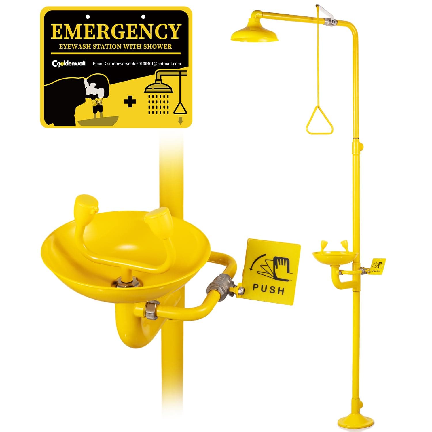 CGOLDENWALL Emergency Shower Eye Wash Station Combination Eye Wash Station with Shower Safty Shower, NPT Thread, with Emergency Sign, 304 Stainless Steel+Yellow Coating