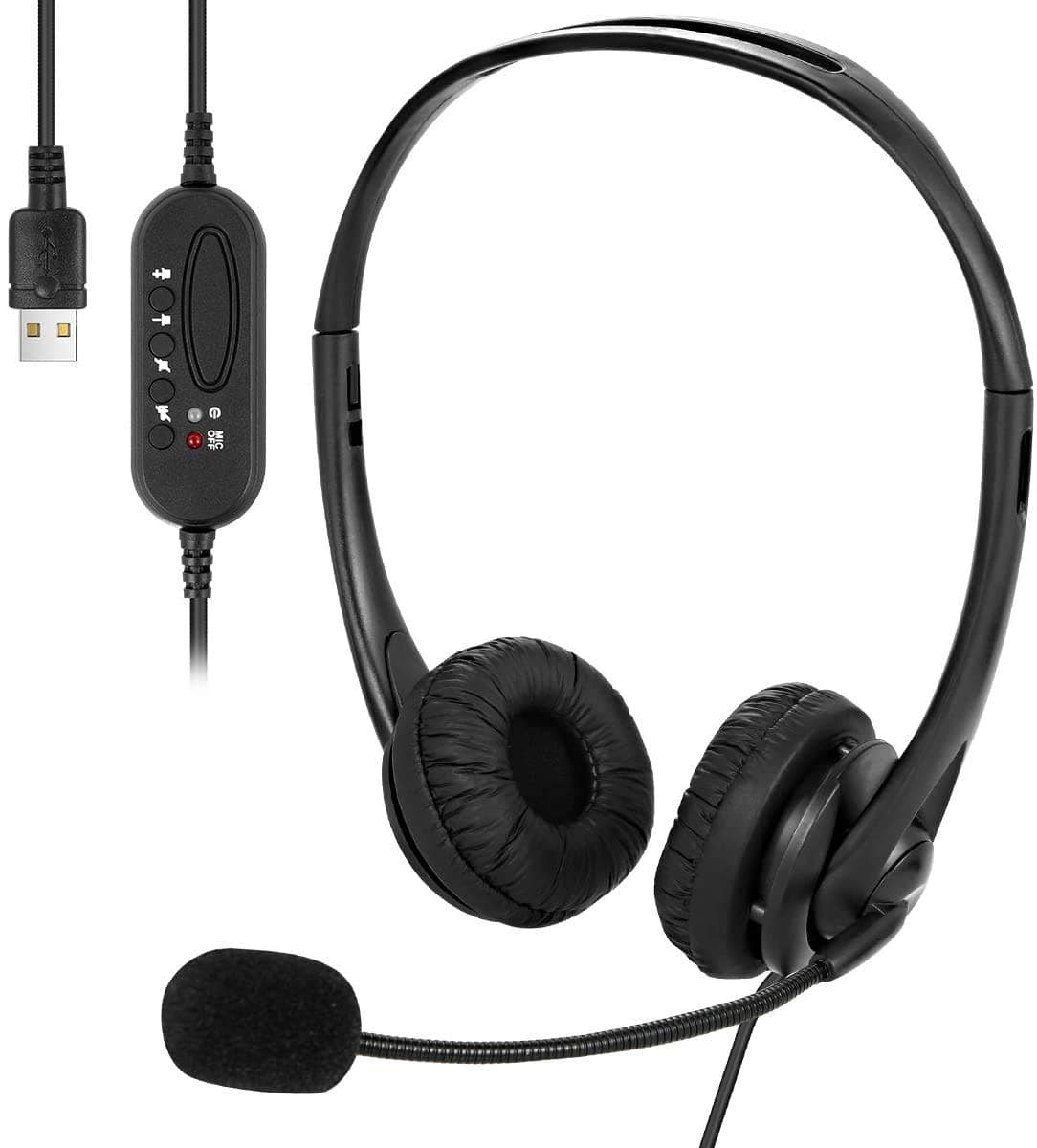 USB Headset with Microphone Noise Cancelling & Audio Controls, USB Wired PC Headphone Super Light & Comfort for Business Conference Calls Soft phone Conversation Online Teaching Skype etc