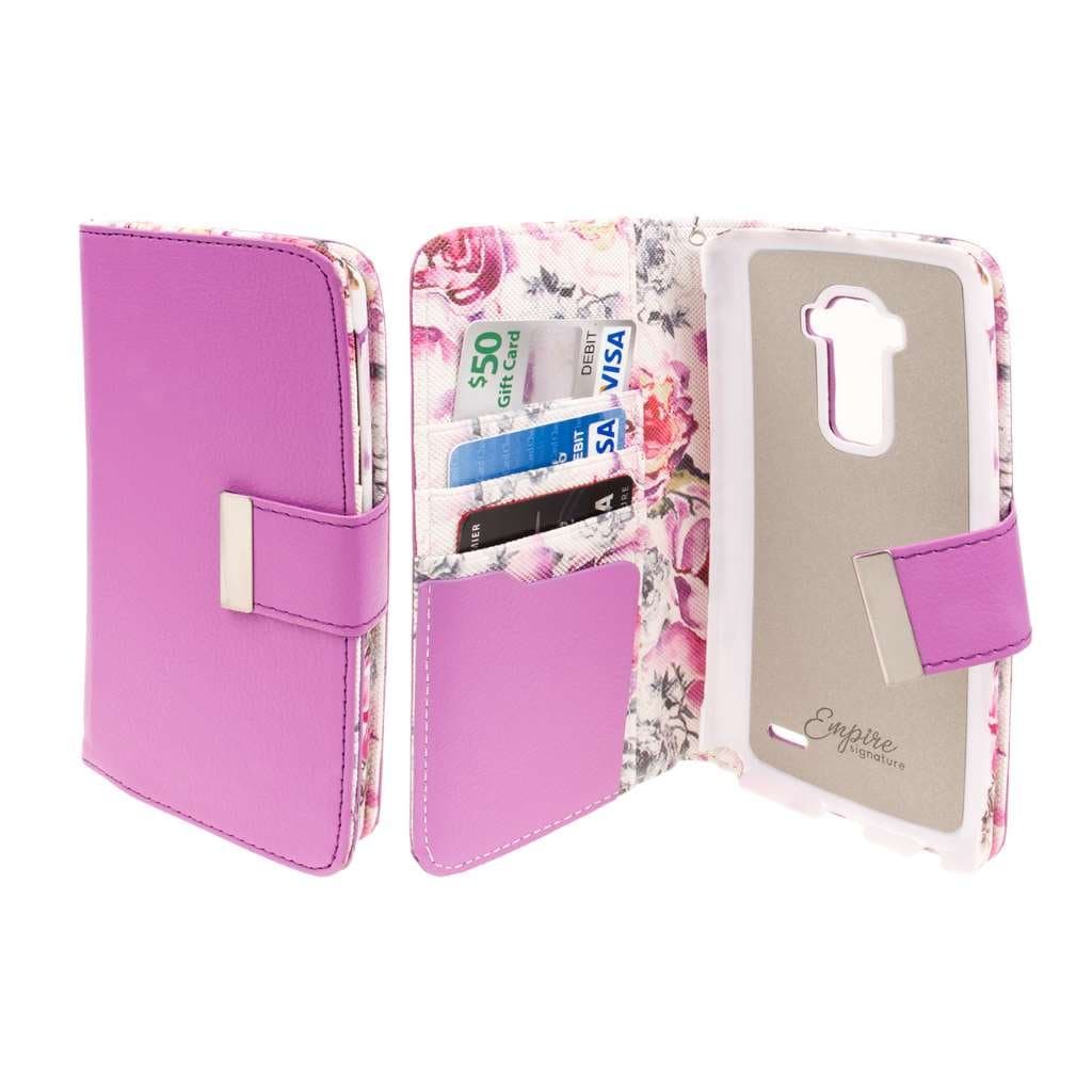 LG G Flex Wallet Case, EMPIRE KLIX Klutch Designer Wallet [4 Slots] Inner Hard Polycarbonate Felt Lining Case for G Flex with Magnetic Flap & Hand Strap [Perfect Fit & Precise Port] - Pink Faded Flowers