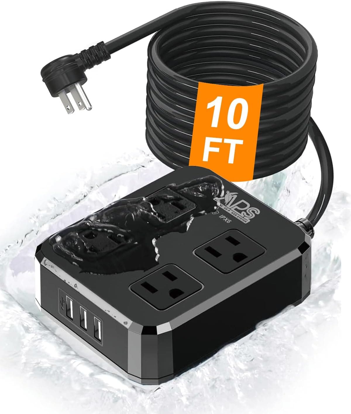 Outdoor Power Strip Weatherproof, Waterproof Surge Protector with 4 Wide Outlets & 3 USB Ports, 10FT Extension Cord, Wall Mountable, Overload Protection for Patio Garden Christmas Lights, ETL Listed