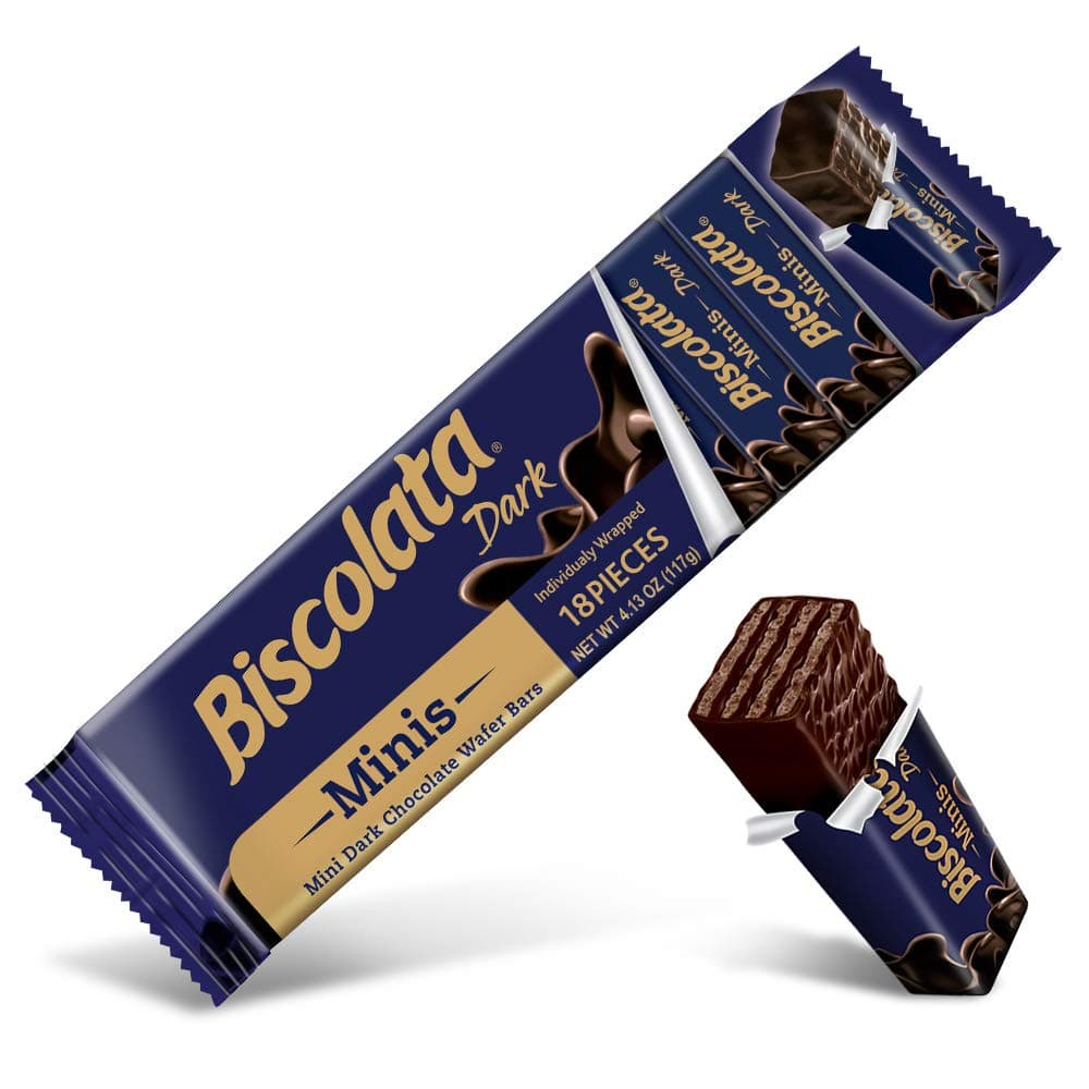Biscolata Minis Wafers Covered in Pure Dark Chocolate - Delicious Hazelnut Cream within Wafers, Bite Size Individually Wrapped Wafer Cookies, 18 Count (3-Pack)