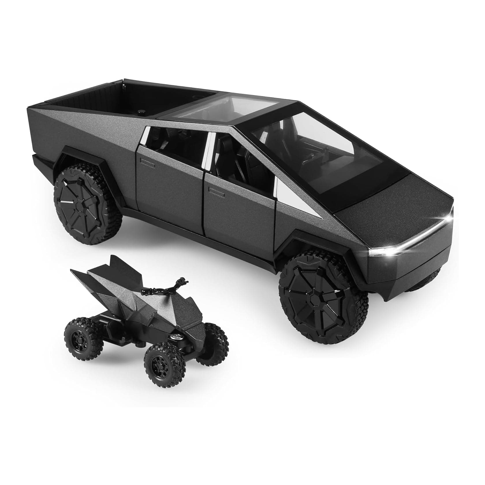 TOPRON Tesla Cybertruck Model Car: 1:24 Die-Cast Metal Toy Trucks with Light and Sound, Mini Vehicle Toy for Boys from 3 Years (Grey, Equipped with Beach Motorcycle)