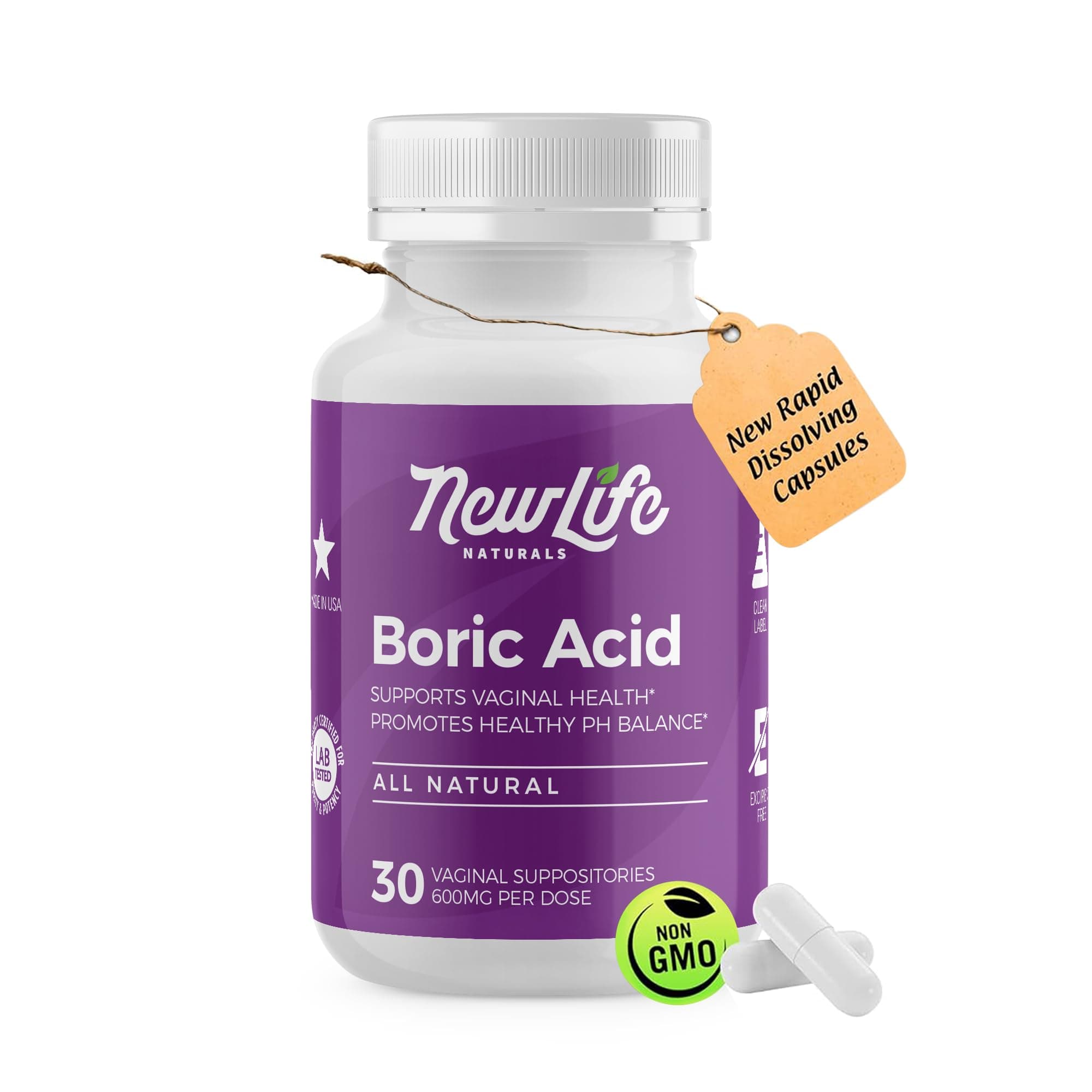 NewLife Naturals - Boric Acid Suppositories for Women - 600mg - Feminine Care - for Vaginal Odor Use - 100% Pure- Made in USA - 30 Capsules