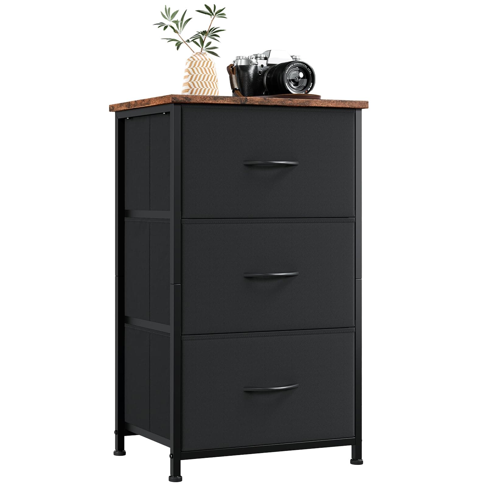 Somdot Dresser for Bedroom with 3 Drawers, Storage Organizer Chest of Drawers with Removable Fabric Bins for Closet Bedside Living Room Laundry Entryway Hallway, Black Rustic Brown