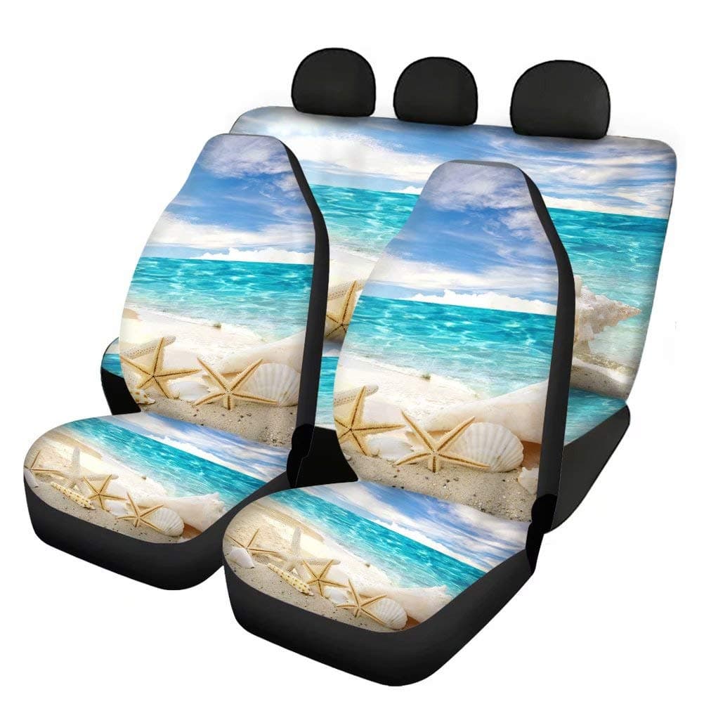 Forchrinse Sea Shell Ocean Beach Scene Bucket Seat Cover + Rear Bench Protector,Universal Fit Car Sear Cover Full Set for Car,Vans,SUV