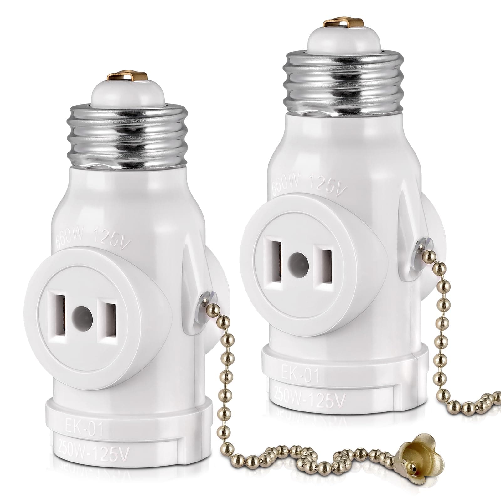 2-Pack E26 Light Socket Adapter - Converts Medium Screw Socket to Two Outlets With Pull Chain Switch - UL Listed, White