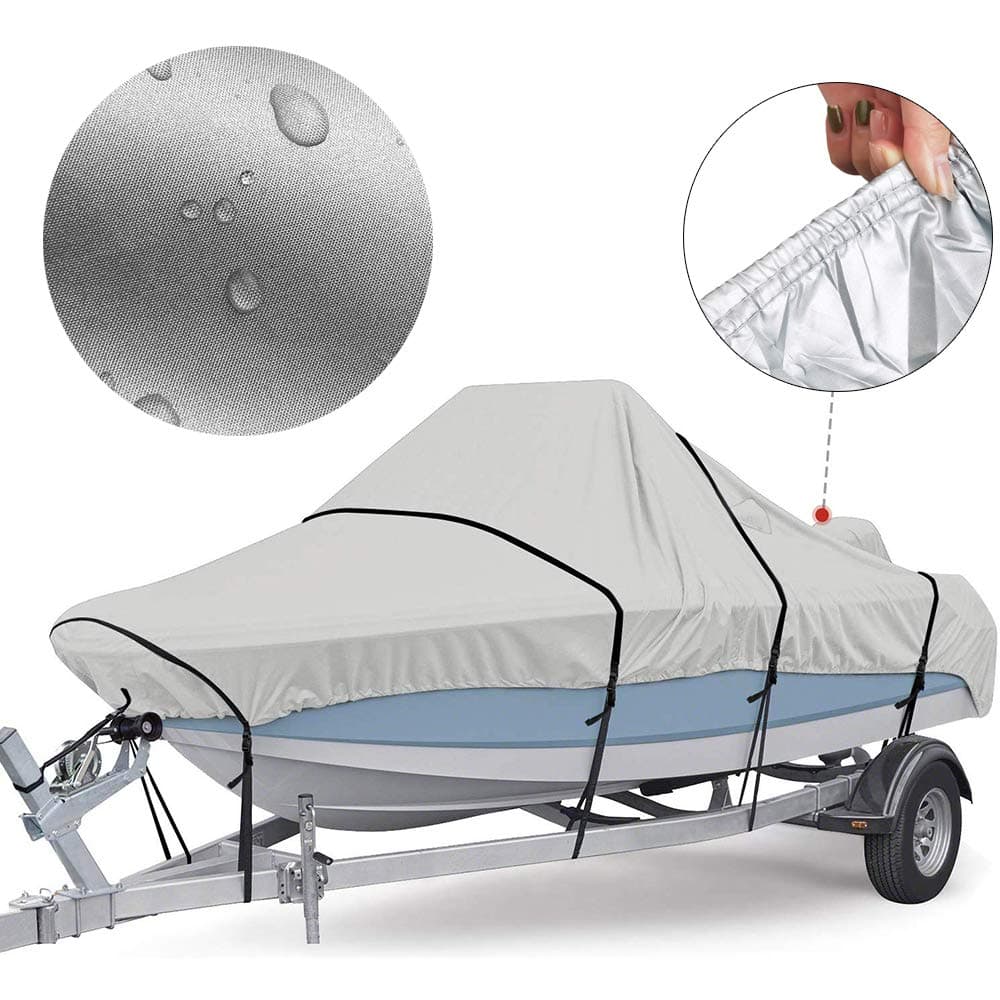 KKmoon Boat Cover Yacht Outdoor Protection Waterproof Heavy Duty Silver Reflective 300D Oxford Fabric Anti-smashing Durable and Tear Proof Fits V-HULL TRI-HULL Runabouts and Bass Boats 16-18FT