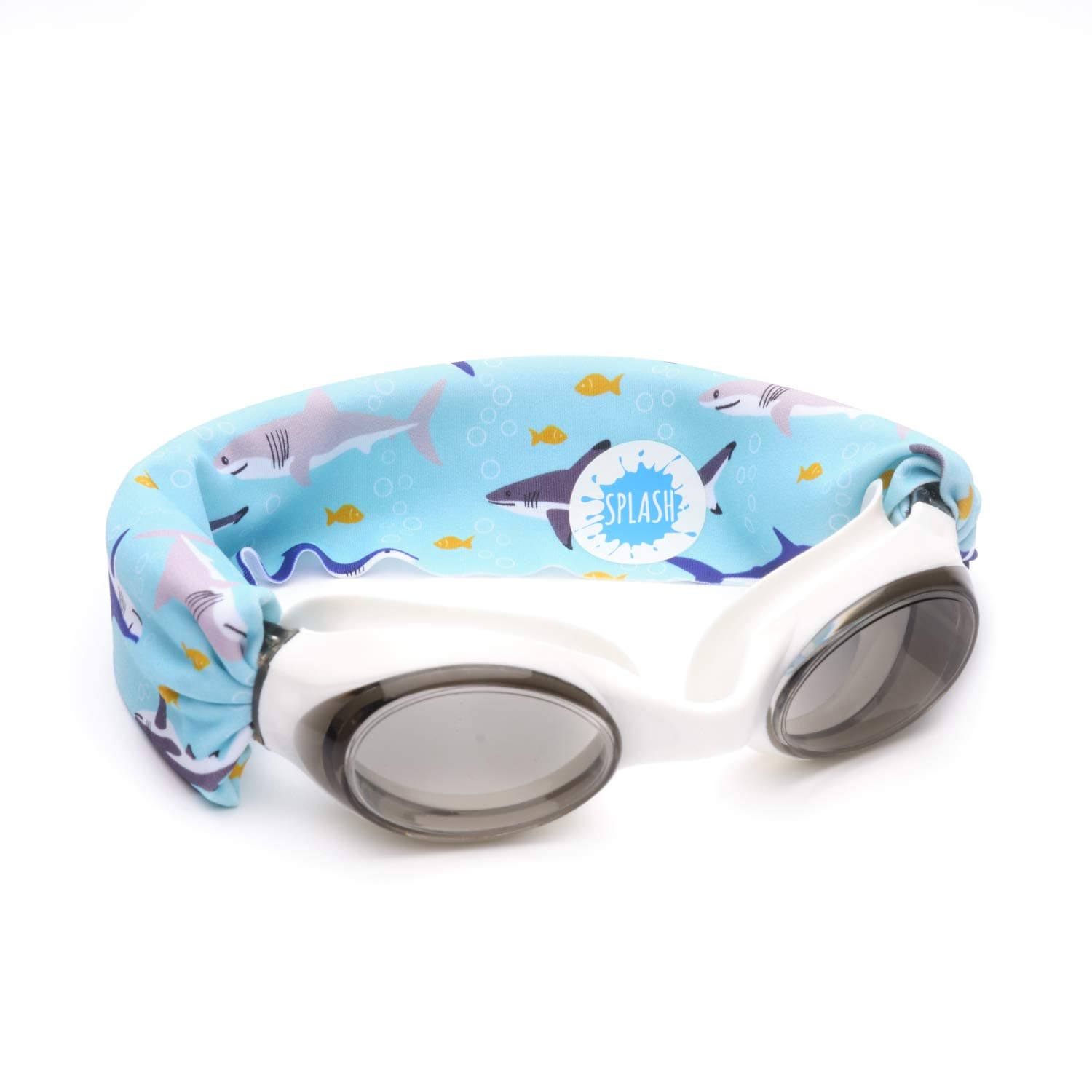 SPLASH Swimming Goggles with Fabric Strap - Blues & Greens Collection - Fun, Fashionable, Comfortable - Adult & Kids Swim Goggles - Shark Attack