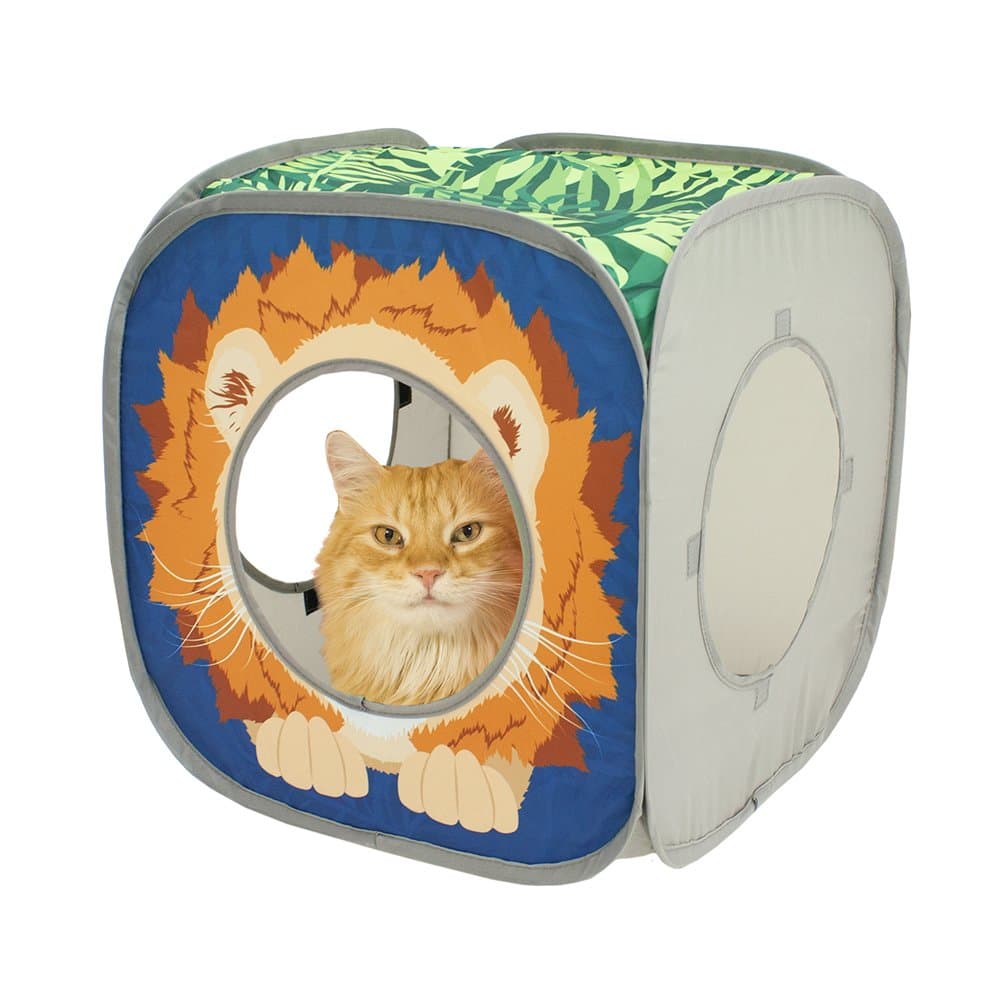 Safari Jungle Pop-Up Cat Cube, Collapsible Indoor Cat Hideout & Play Cube with Peekaboo Openings, Easy Storage, 15” x 15” x 15”