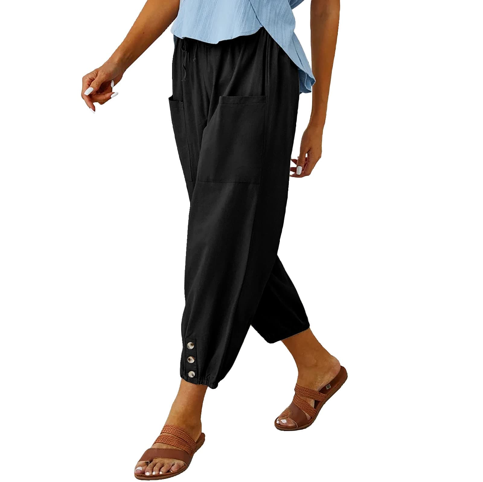 WROLEMWomen's High Waist Pants Drawstring Capri Pants with Pockets Wide Leg Cropped Pants for Women