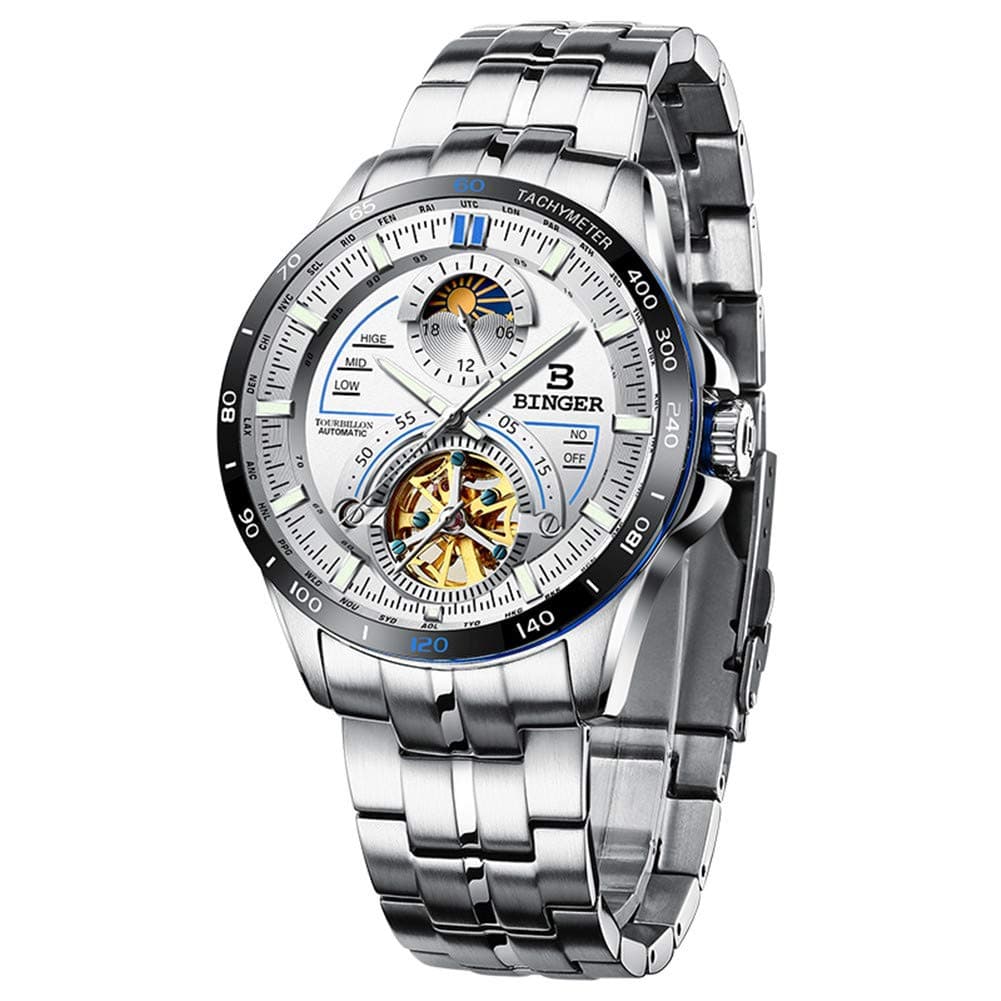 BINGER Switzerland Men Skeleton Steel Watches,Sapphire Japan Movement Automatic Tourbillon Mechanical Casual Wristwatch 10001 Moon Phase,Black