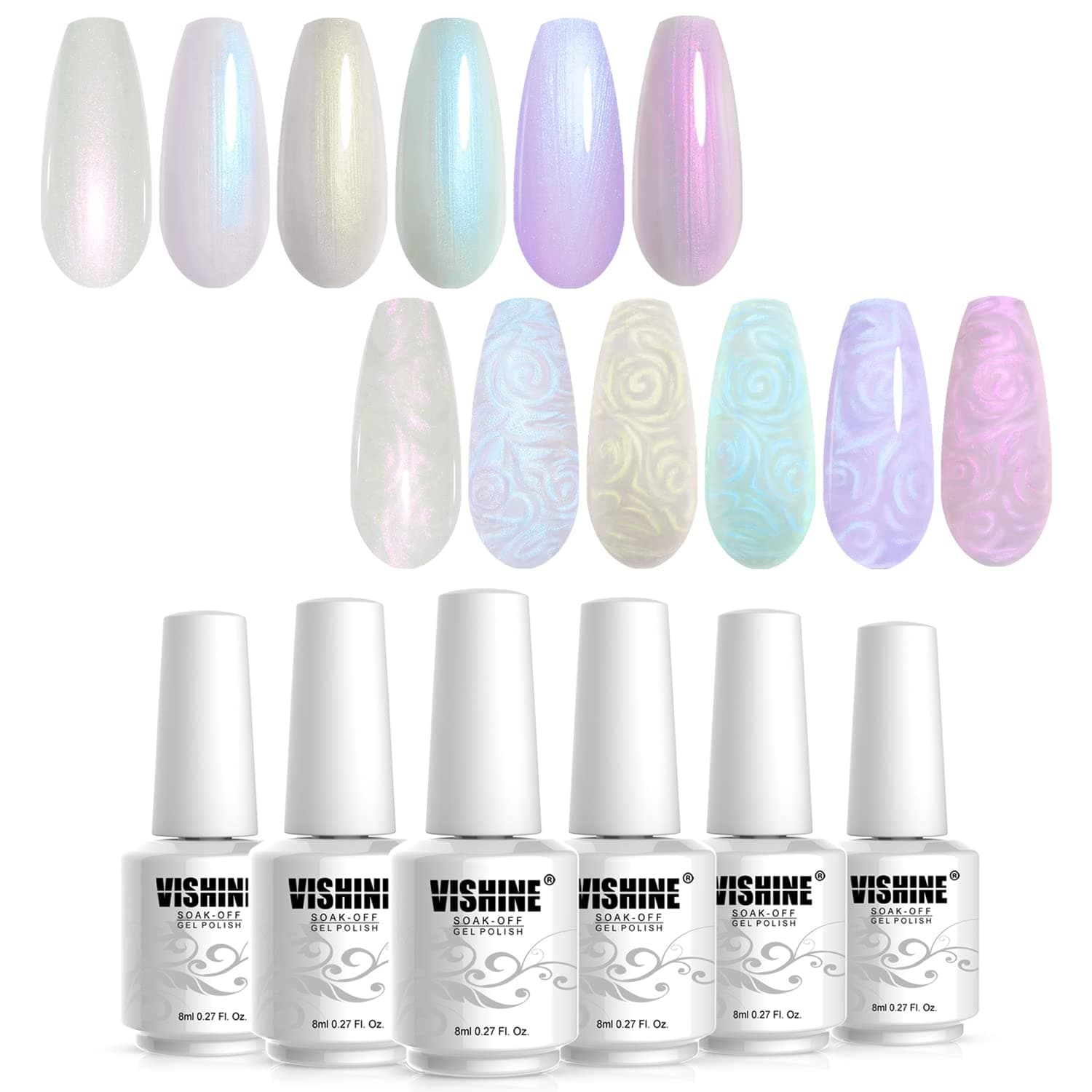 Vishine Pearl Gel Nail Polish Colleaction,Glitter Pearlescent Shell Gel Polish Beige White Pearl Blue Purple Shimmer Mermaid Swirl Thread Effect Nail Gel Soak Off LED UV Lamp Required DIY Manicure Use 6Pcs 8ml