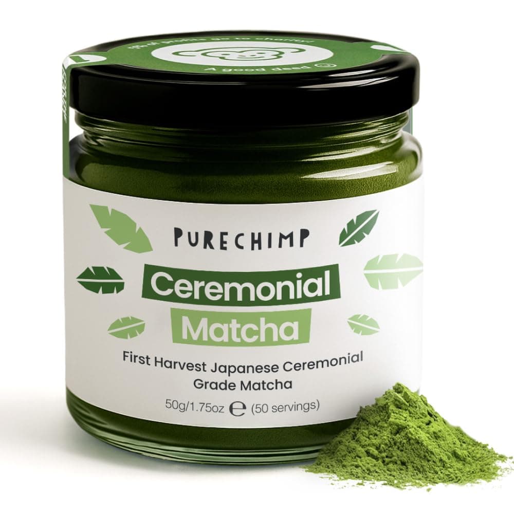 PureChimp Ceremonial Grade Matcha Powder 50g. 100% Pure Green Tea. Shade-Grown for MatchaLatte, Teas & Recipes. Recyclable Glass Jar. Antioxidant-Rich.