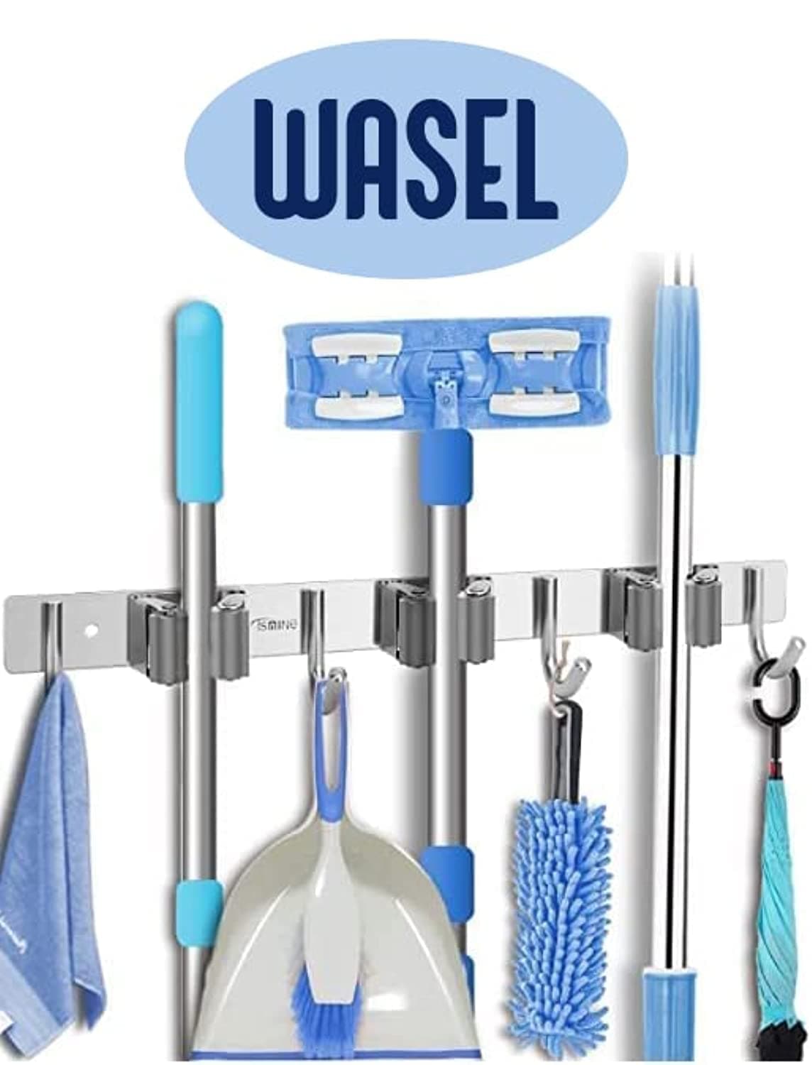 WASEL Mop Broom Holder Stainless Steel Wall Mount Heavy Duty Tool Organizer Storage Rack Tool Hanger Kitchen Bathroom Garage Laundry Garden (3 Positions with 4 Hooks, Silver)