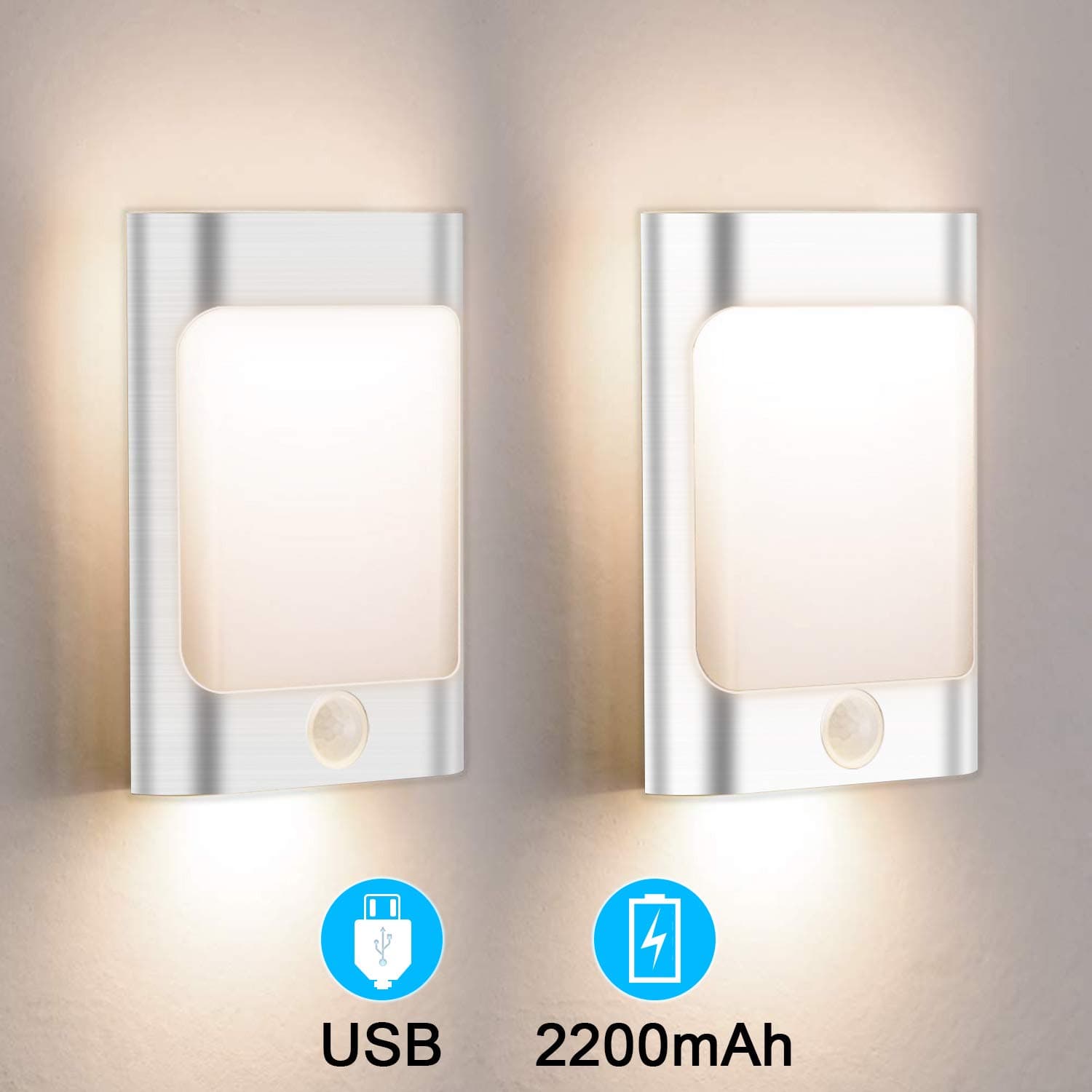 OOWOLF 2 Pack LED Motion Sensor Night Light, USB Rechargeable Motion Sensing Closet Lights Warm White Wall Light for Children's Room, Bedroom, Bathroom, Kitchen, Hallway, Stairs