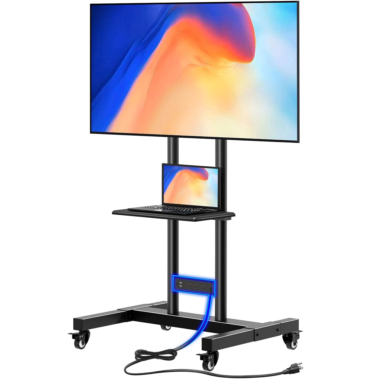 GREENSTELL TV Stand with Power Outlet, Mobile TV Cart on Wheels for 32-85 inch LED LCD Flat Curved Panel Screen TVs, up to 132lbs, Height Adjustable Rolling TV Stand with AV Shelf, Max VESA 600x400mm