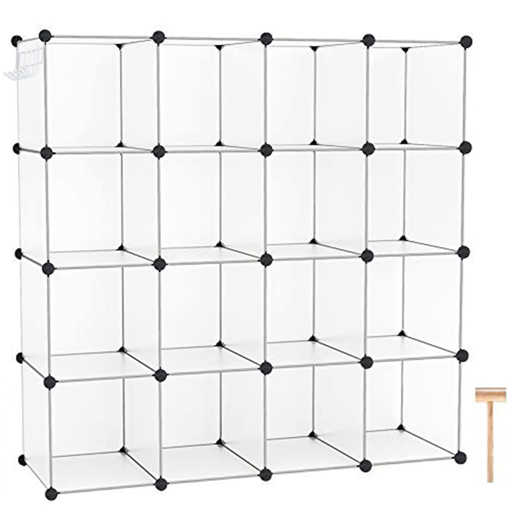 Cube Storage Organizer, 16-Cube Shelves Units, Plastic Storage Cubes, DIY Closet Organizer, Modular Closet Storage Shelves Ideal for Home, 48.4" L × 12.4" W × 48.4" H Transparent SUM3016W