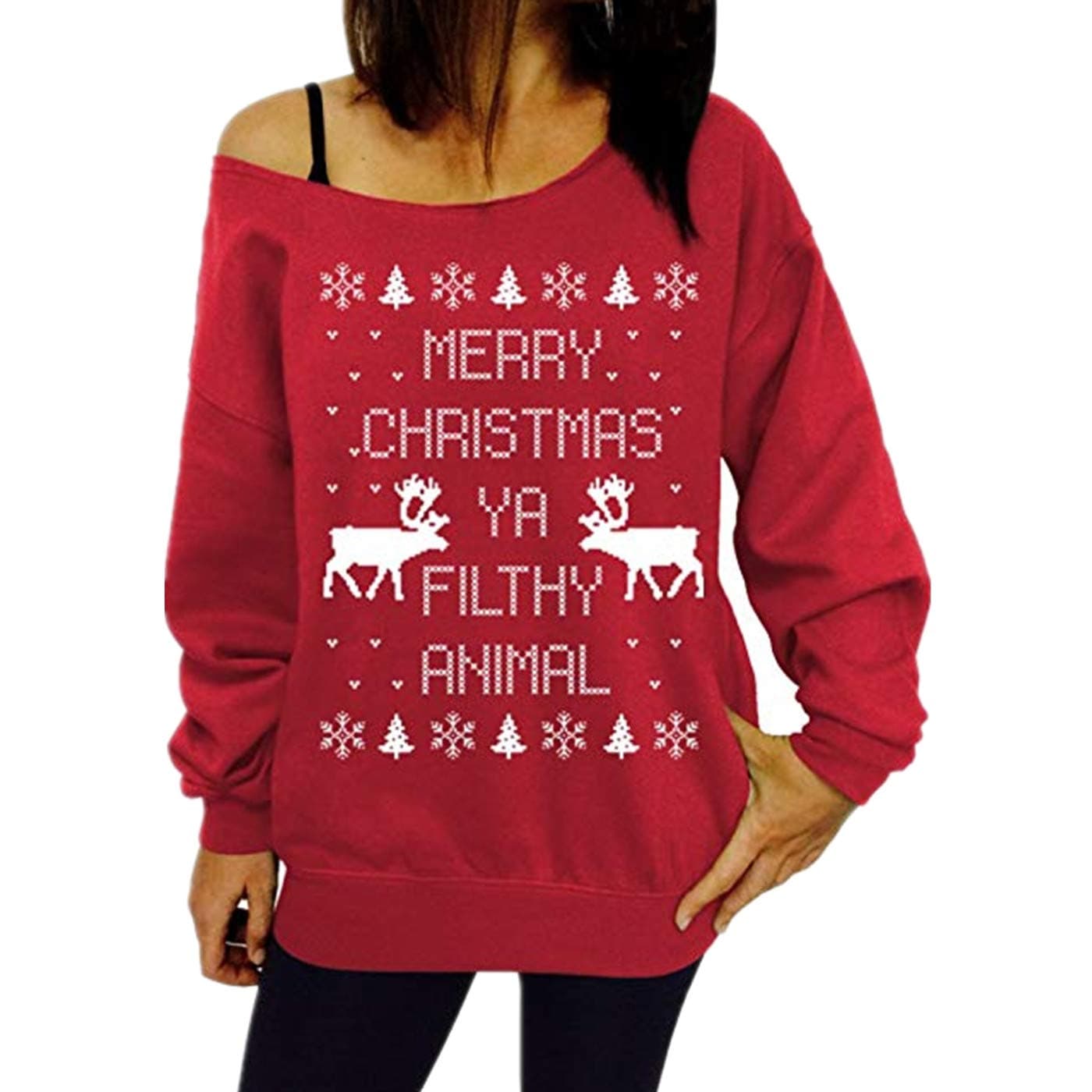 TaiduoshengWomen Off Shoulder Ugly Christmas Sweater Girls Print Reindeer Xmas Tops Pullovers Blouse Plus Size S-3XL
