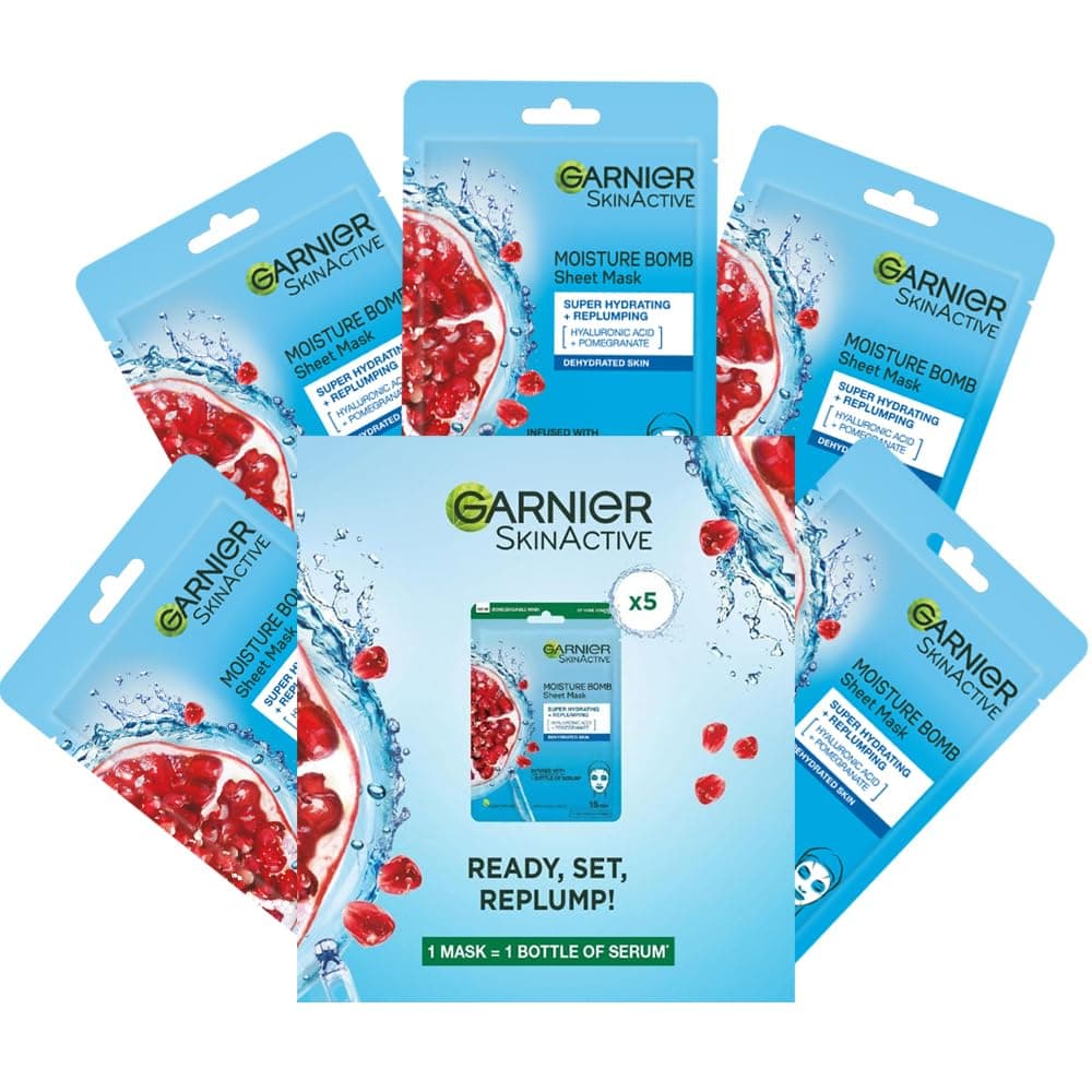 Garnier SkinActive Moisturising Tissue Mask, Moisturising and Firming Pomegranate + Hyaluronic Acid For Dehydrated Skin, 160 Gram (Pack of 5)